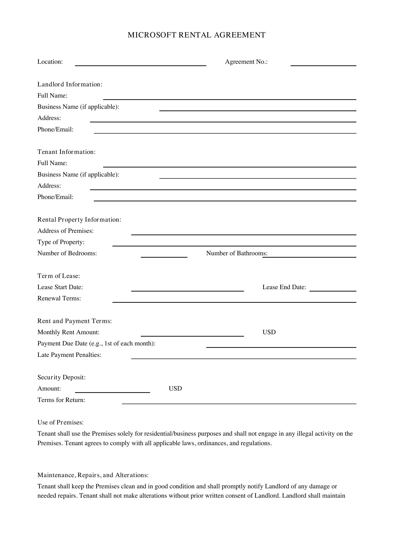 Microsoft Rental Agreement Template - US