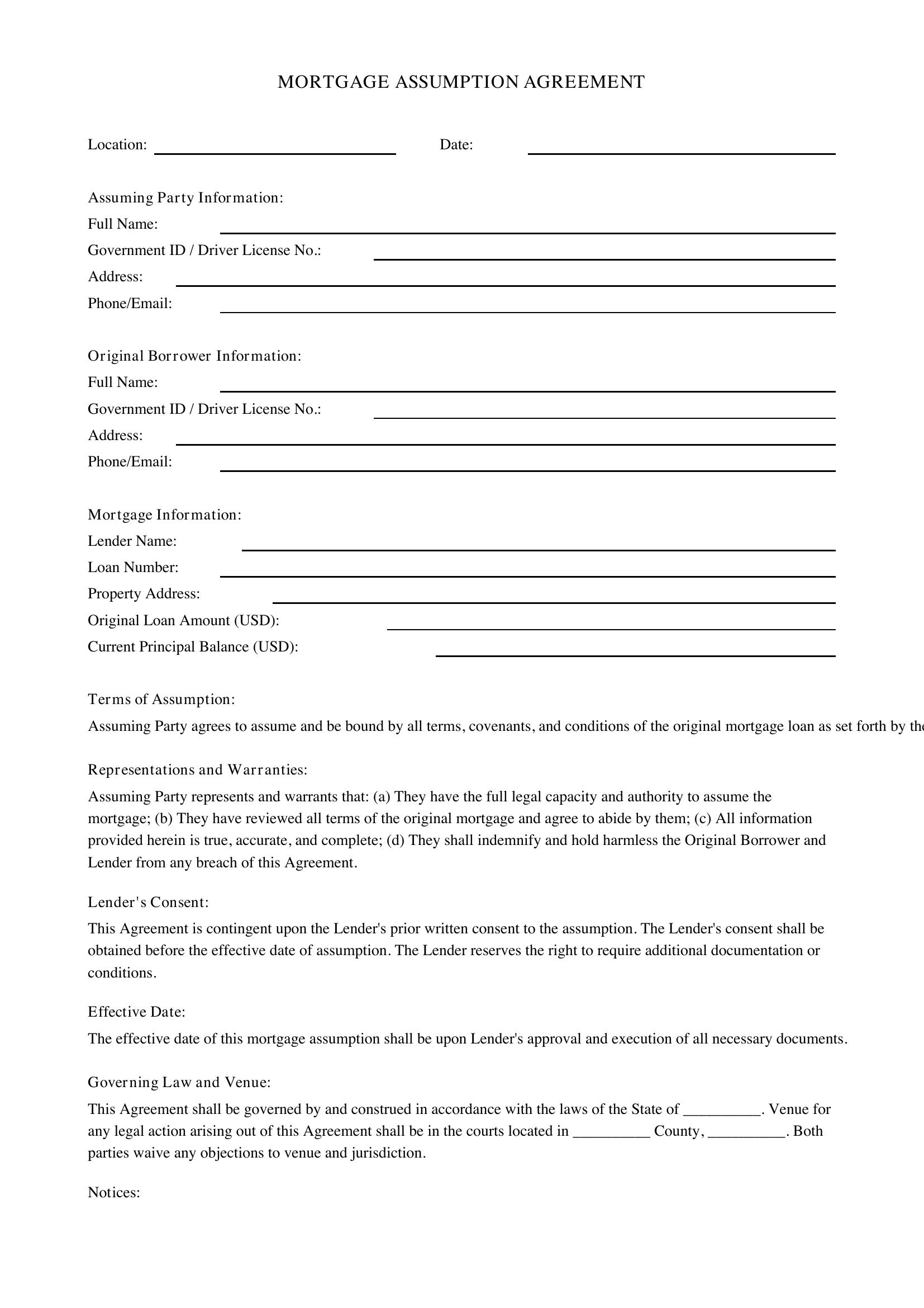 Mortgage Assumption Agreement Template - US