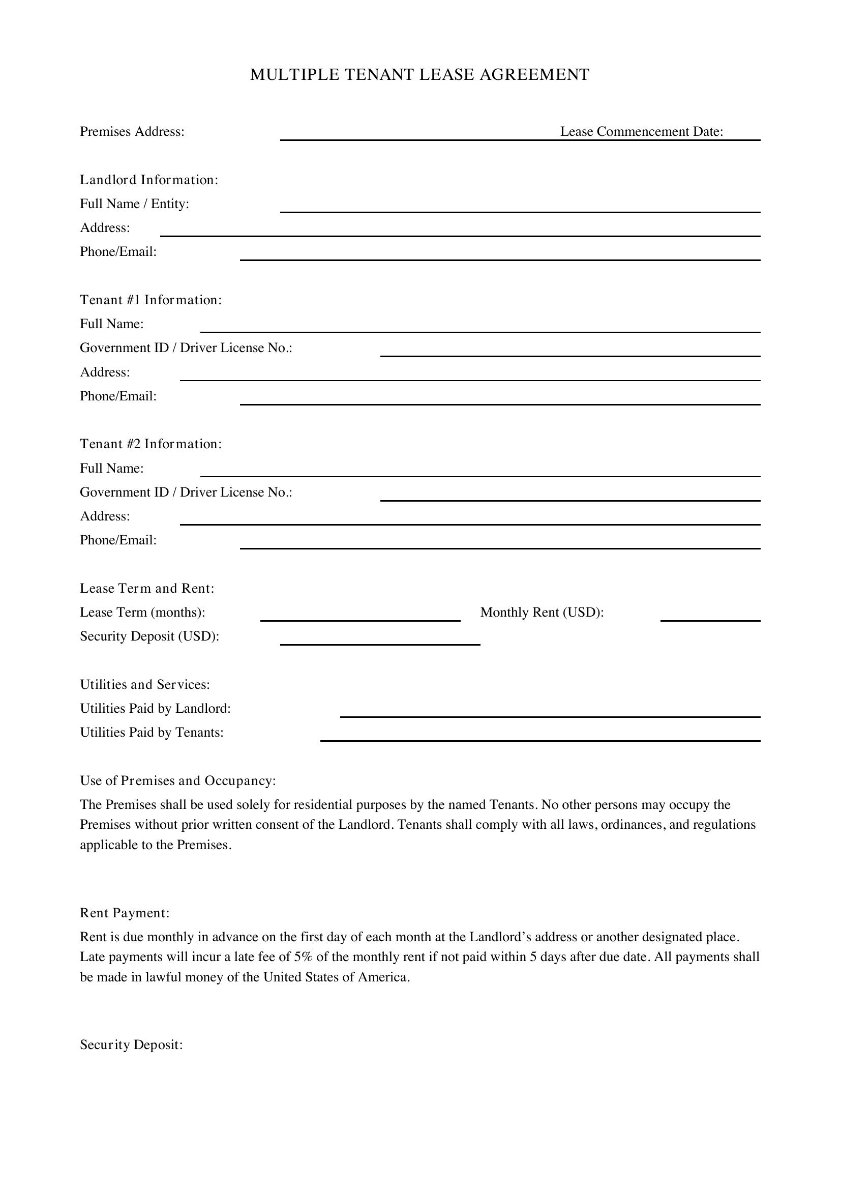 Multiple Tenant Lease Agreement Template - US