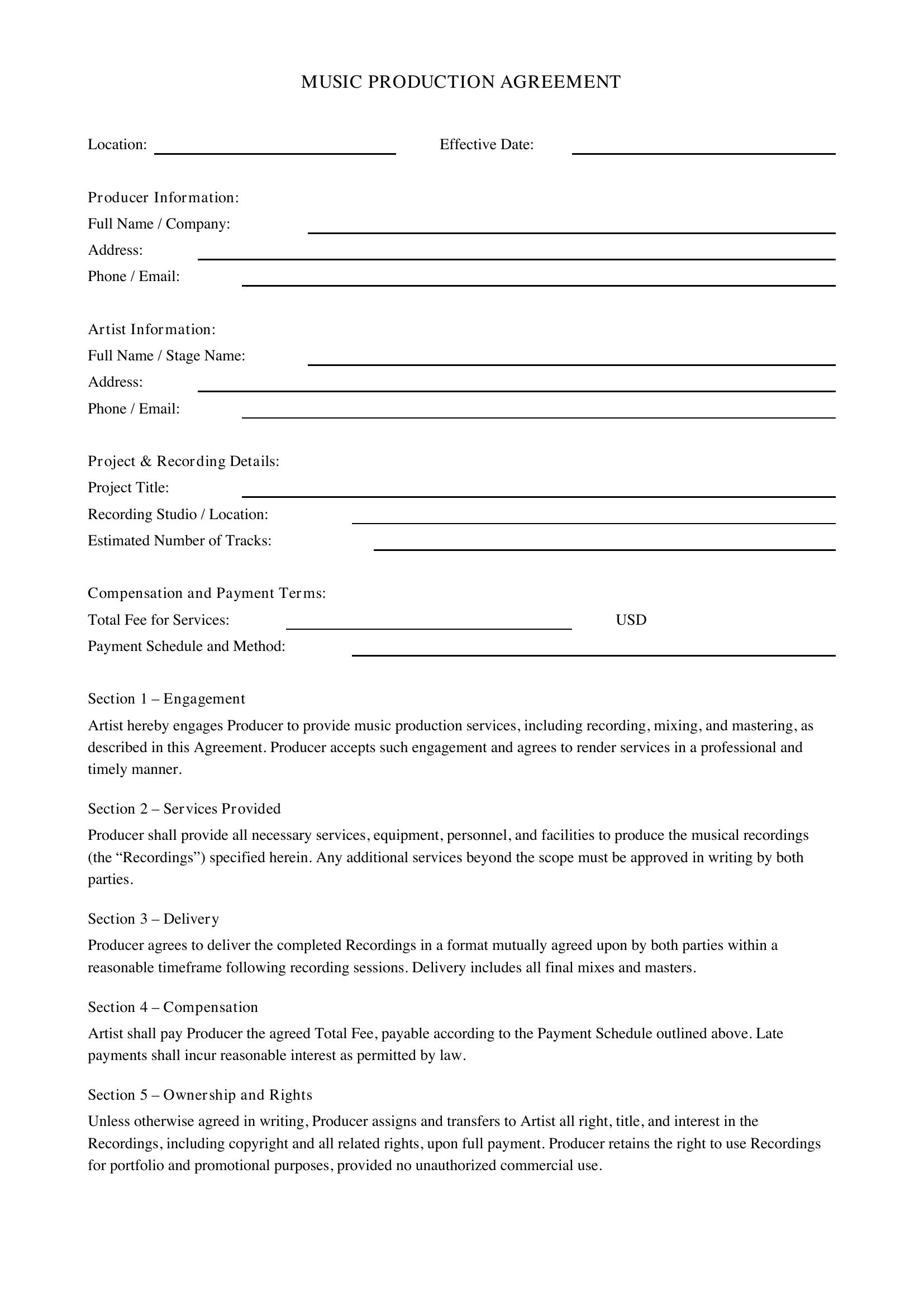 Music Production Agreement Template - US