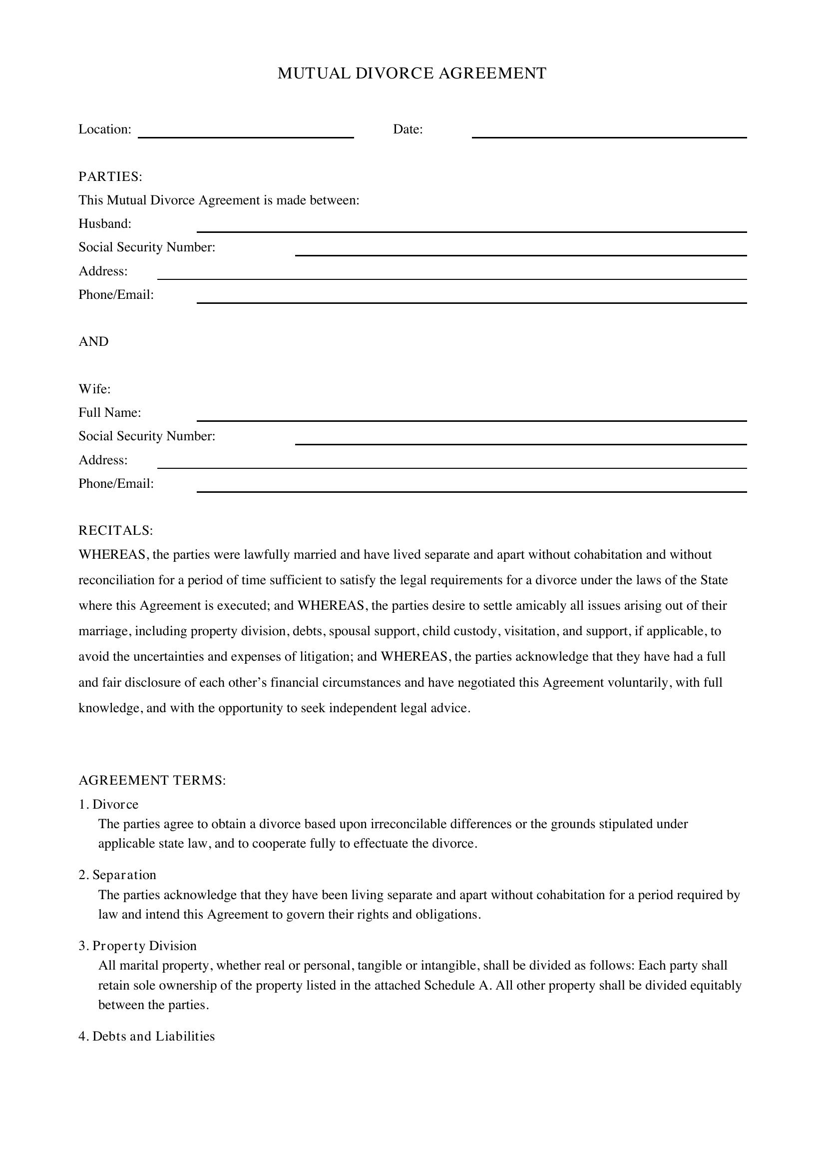 Mutual Divorce Agreement Template - US