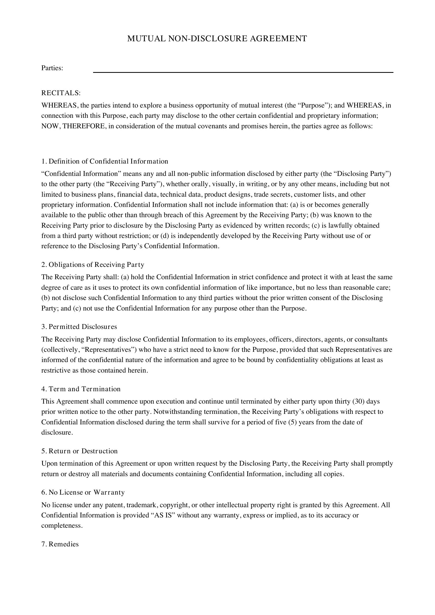 Mutual Non Disclosure Agreement Template - US