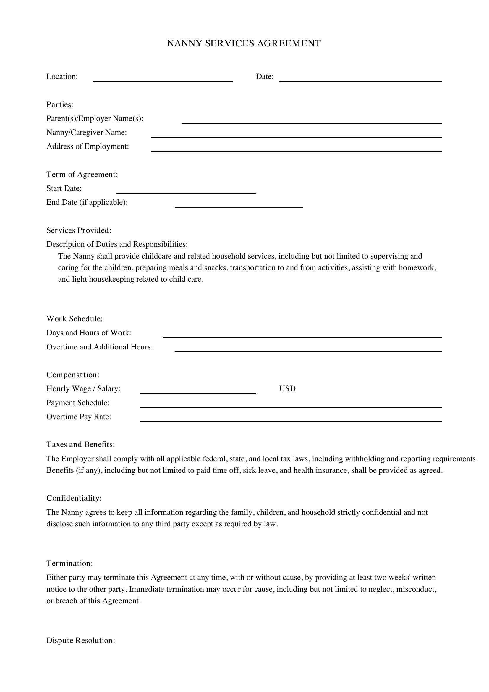 Nanny Agreement Template - US