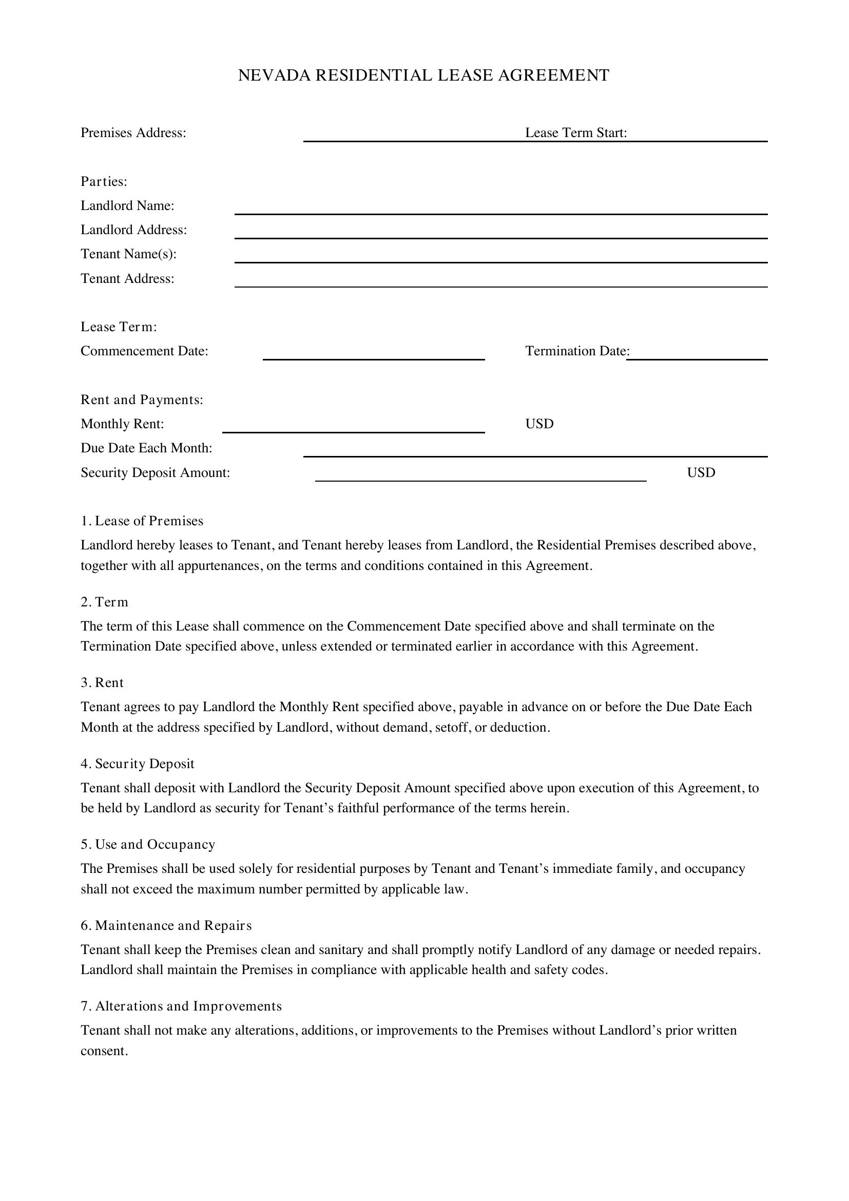 Nevada Lease Agreement Template - US