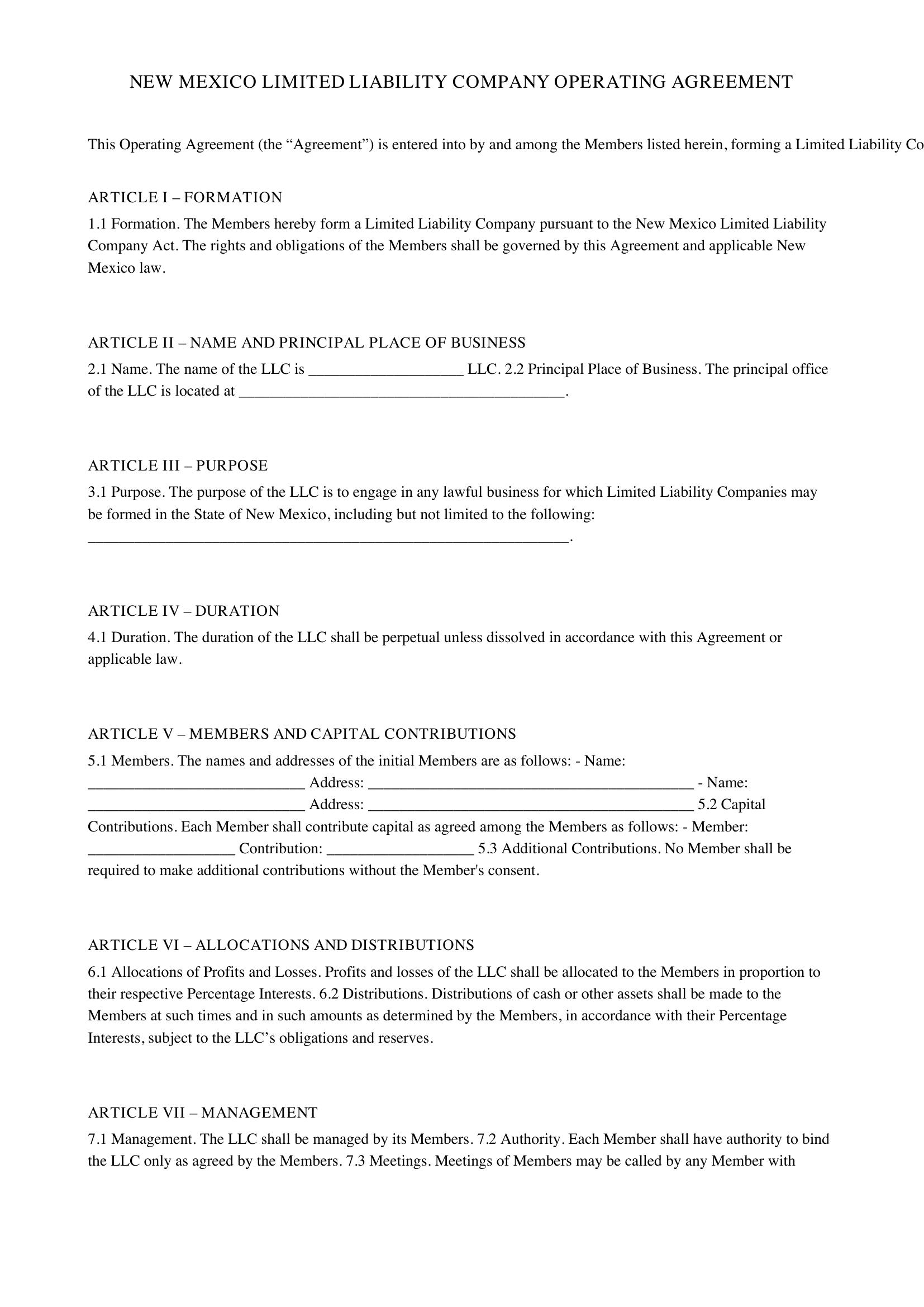 New Mexico Llc Operating Agreement Template - US