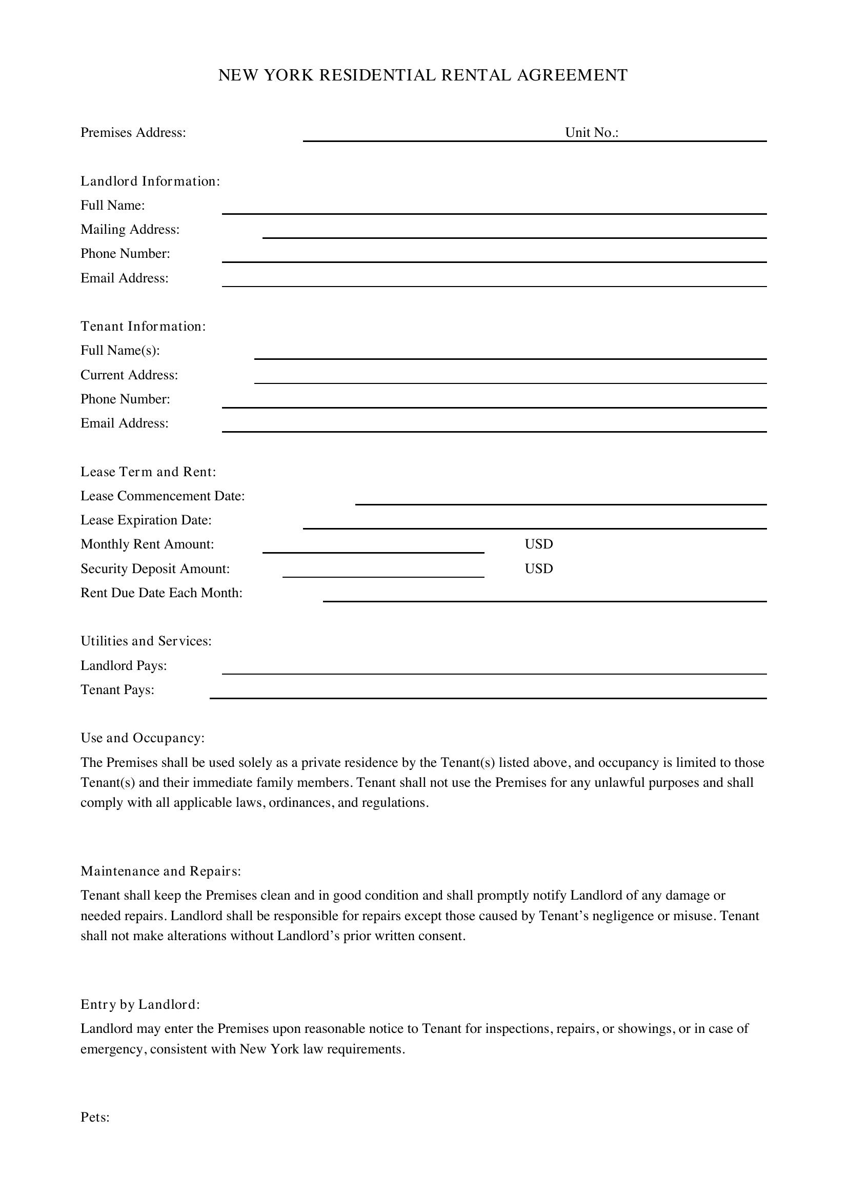 New York Rental Agreement Template - US