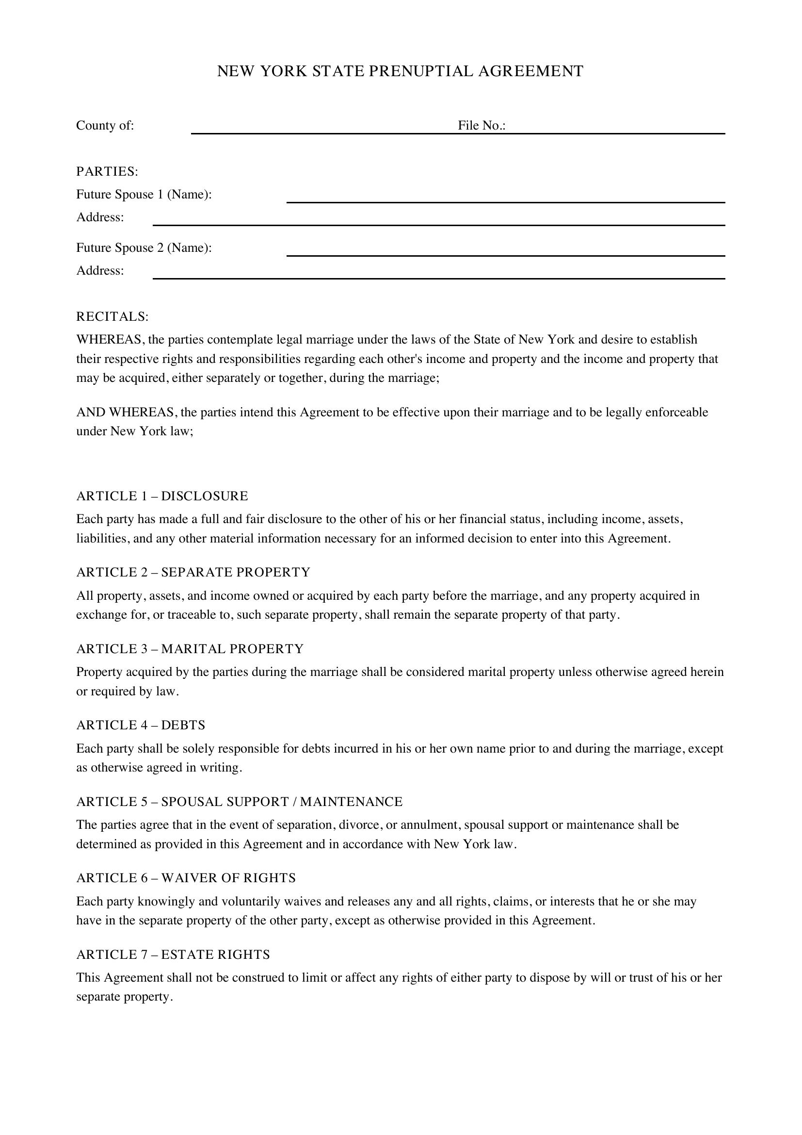 New York State Prenuptial Agreement Template - US