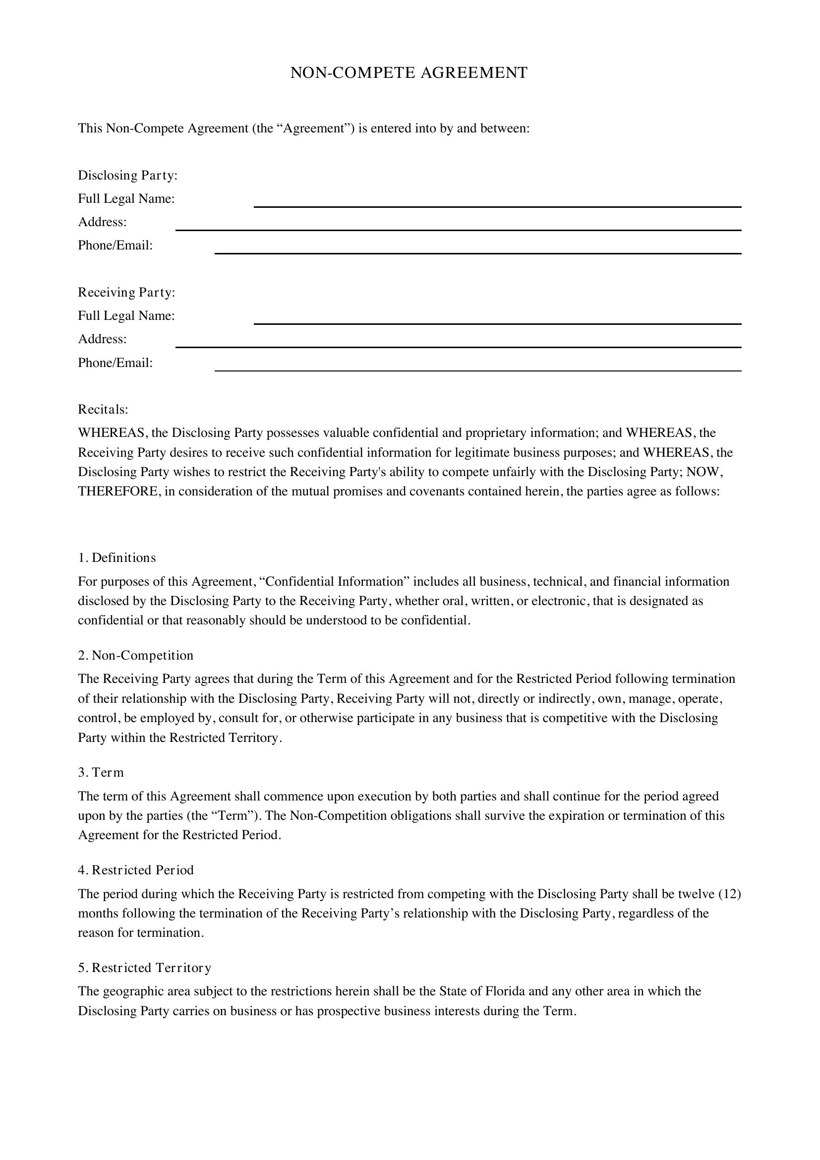 Non Compete Agreement Florida Template - US