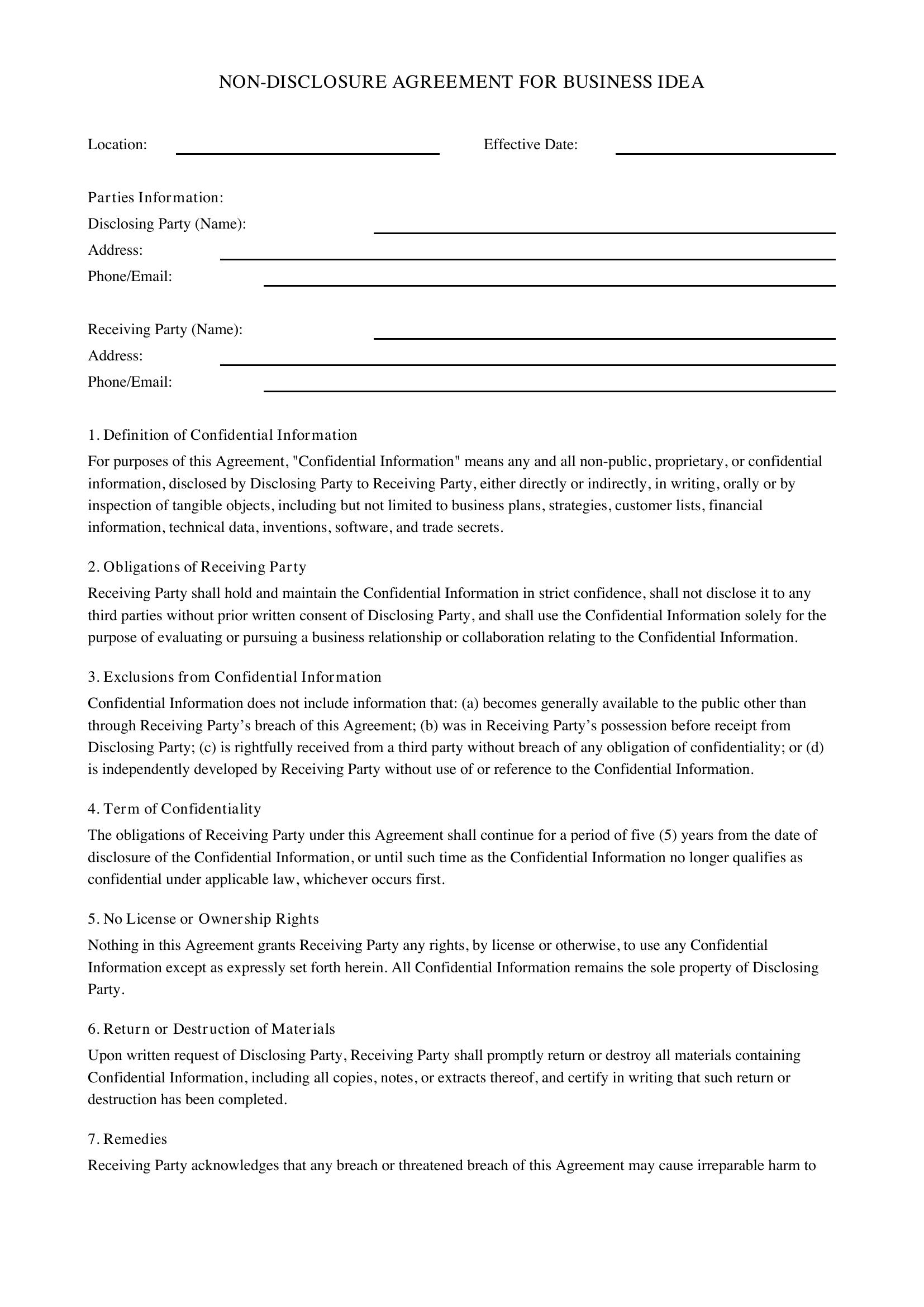 Non Disclosure Agreement For Business Idea Template - US