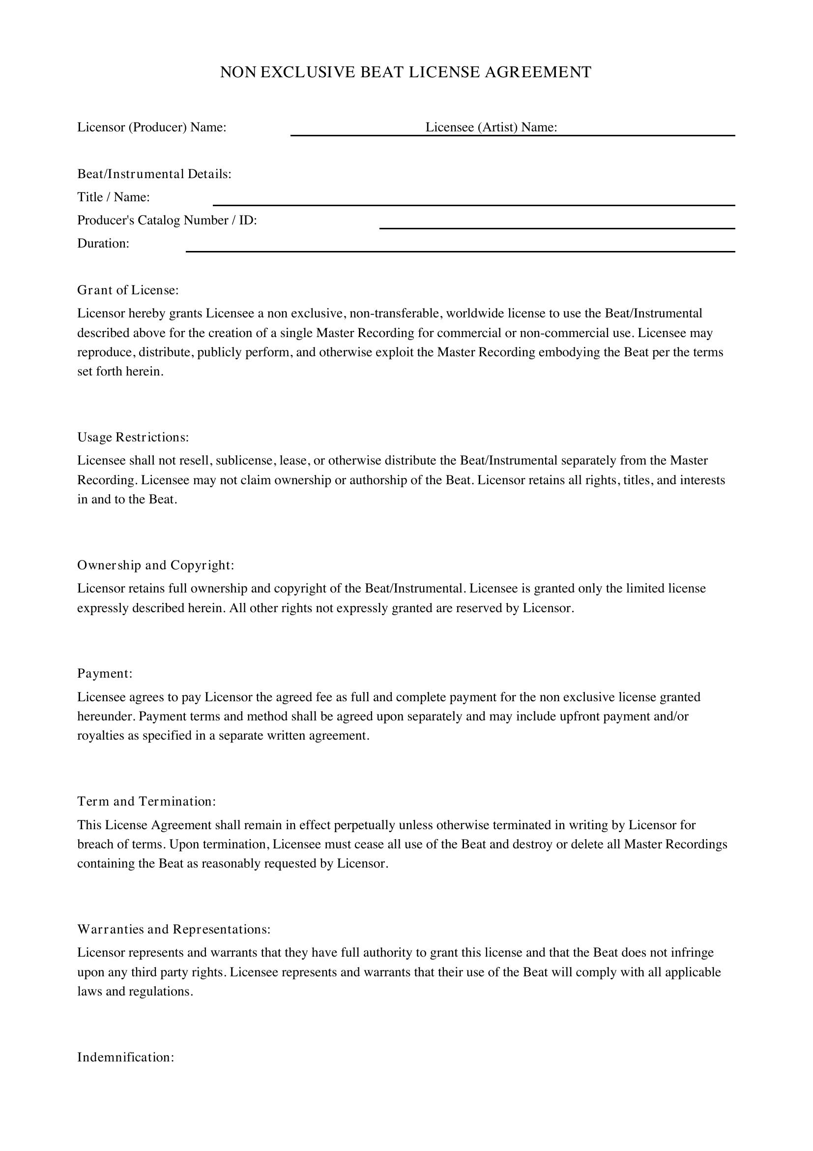 Non Exclusive Beat License Agreement Template - US