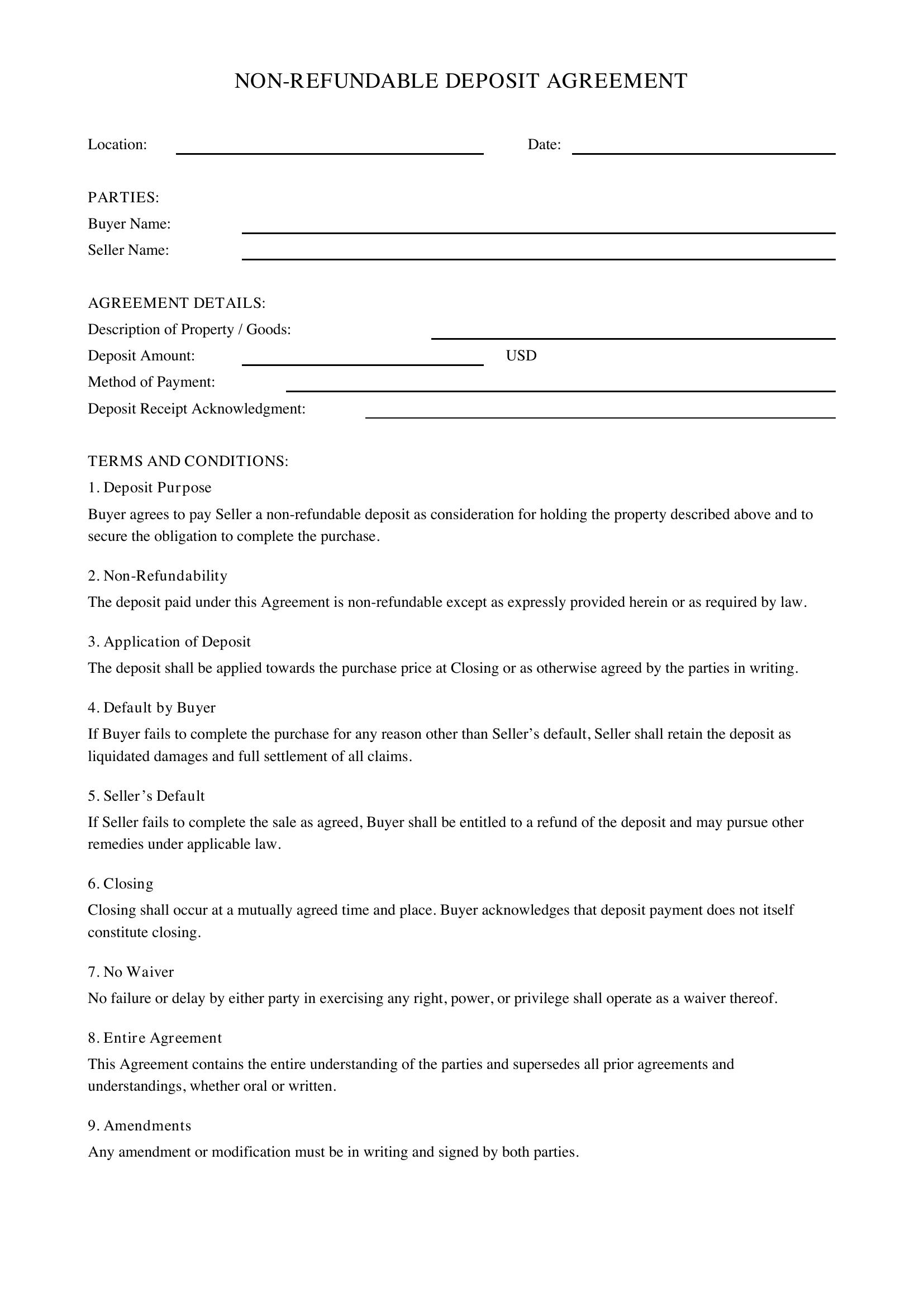 Non Refundable Deposit Agreement Template - US