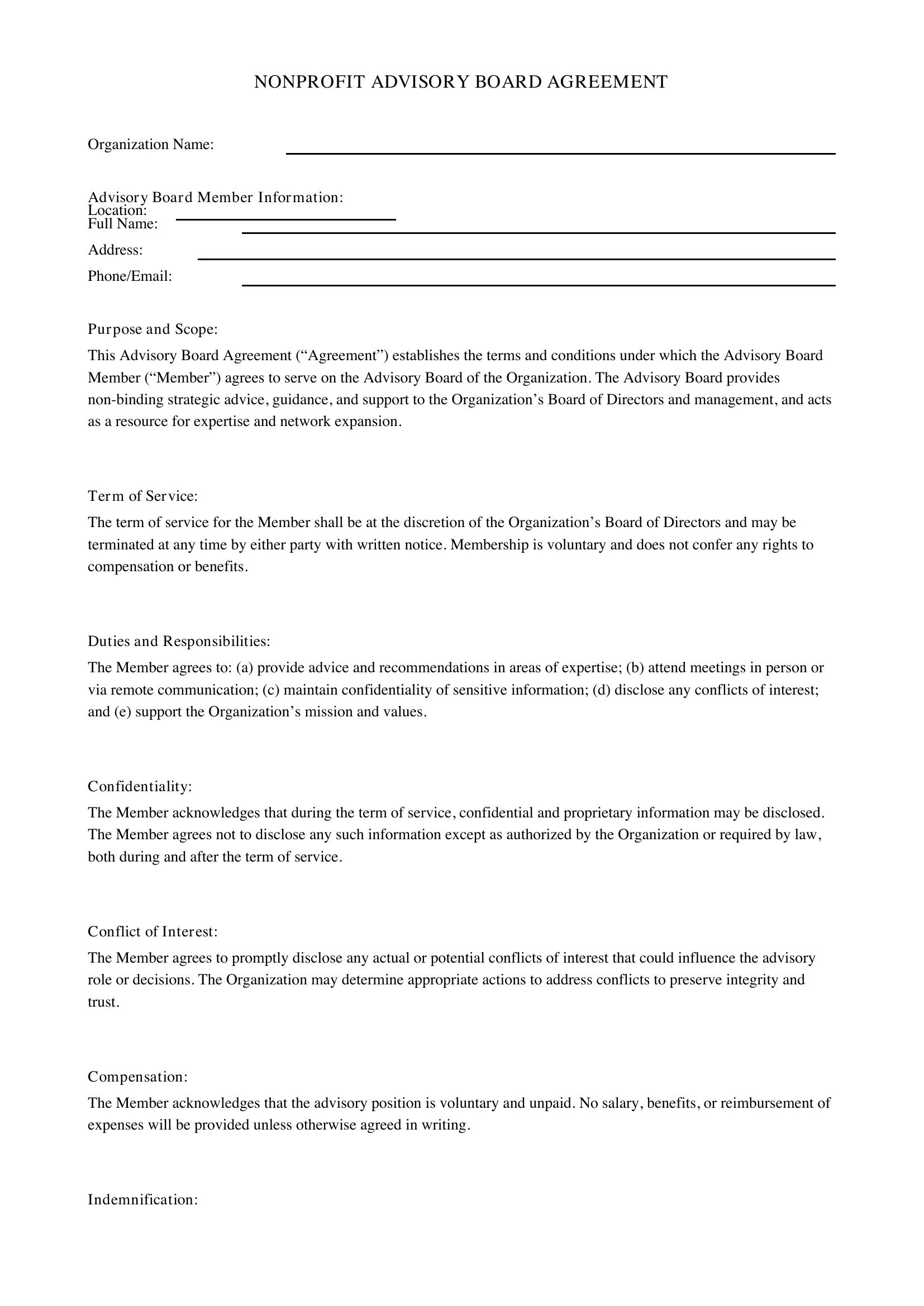 Nonprofit Advisory Board Agreement Template - US