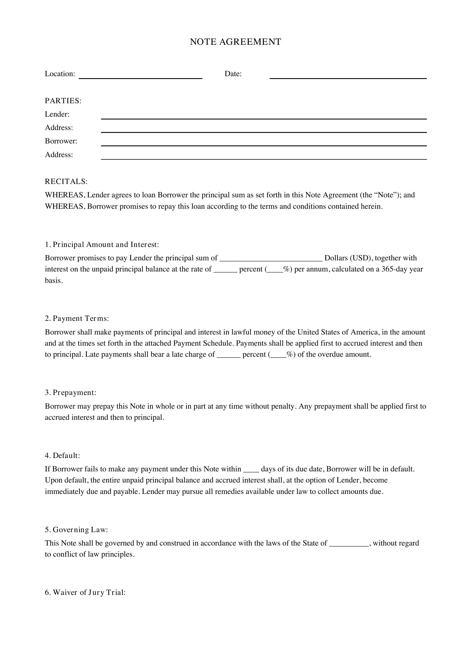 Note Agreement Template - US