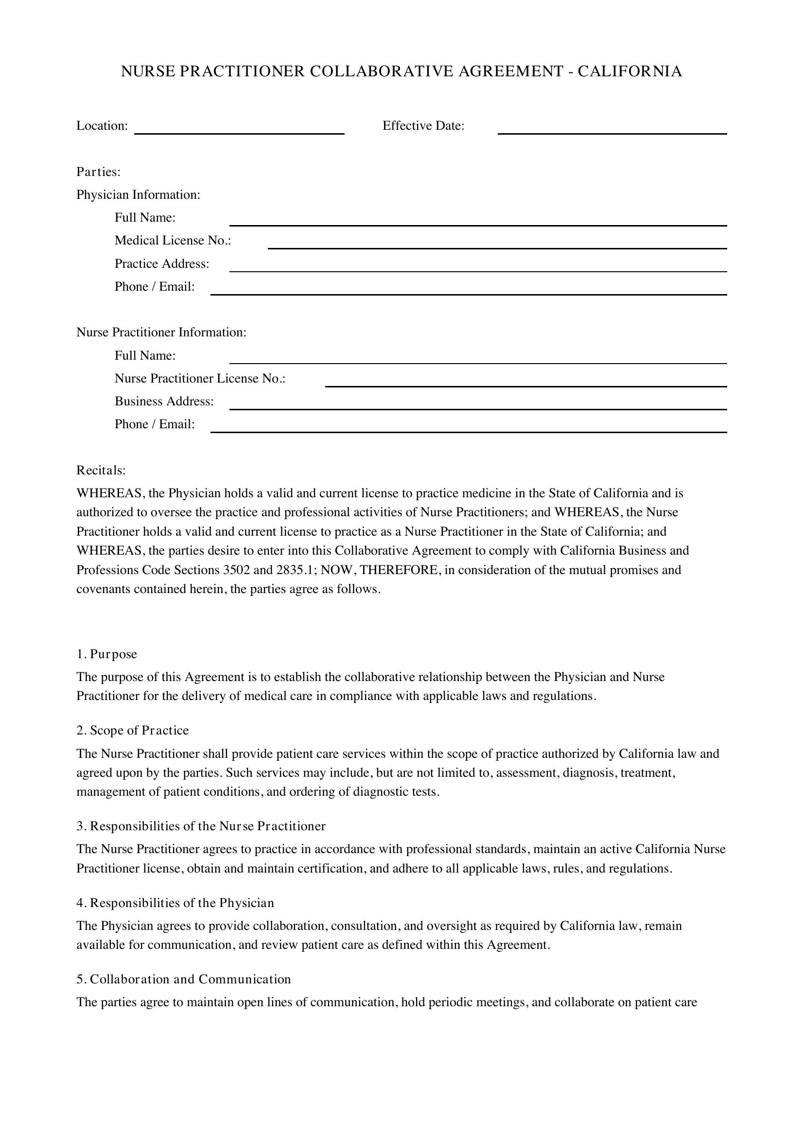 Nurse Practitioner Collaborative Agreement California Template - US