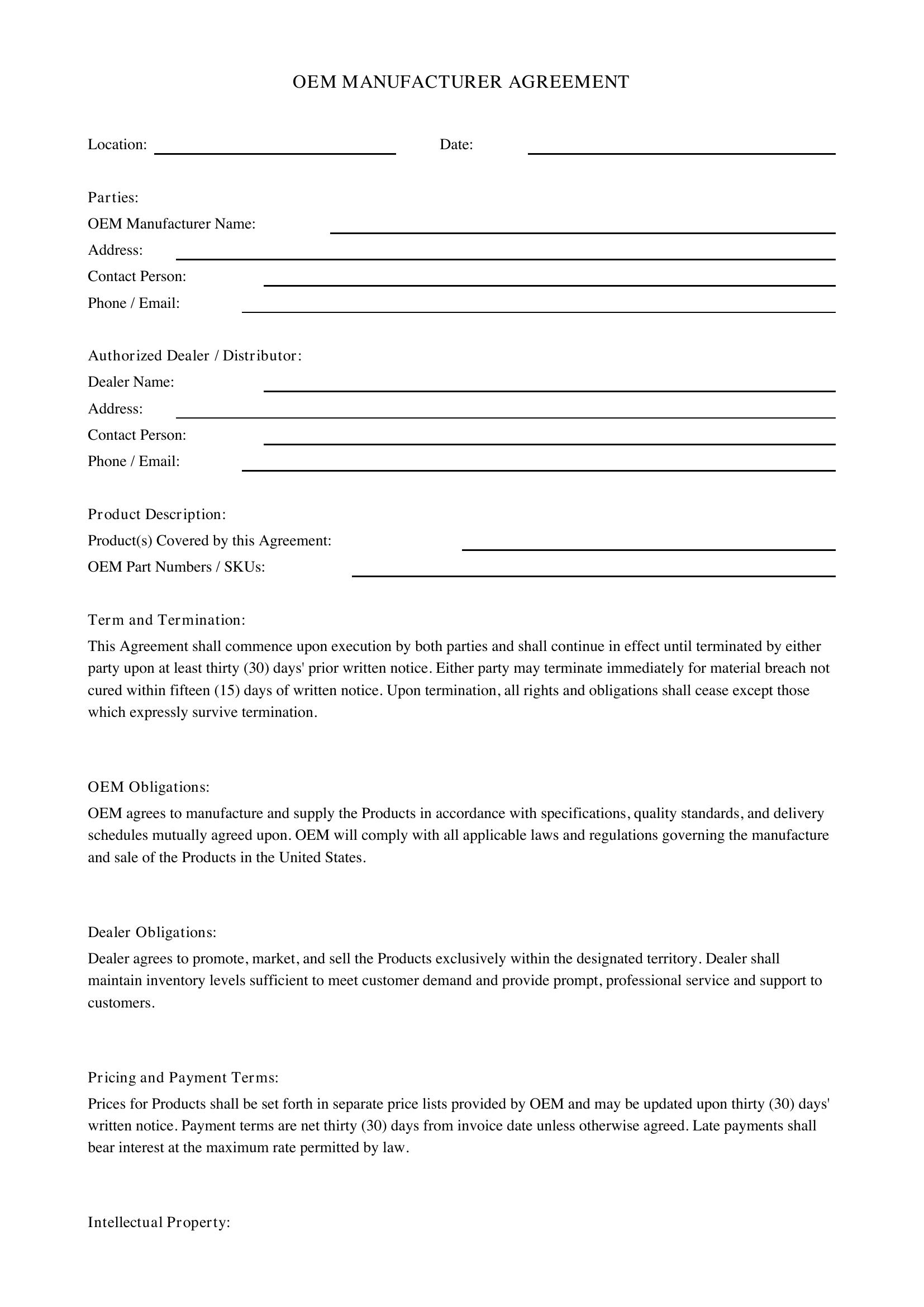 Oem Agreement Template - US