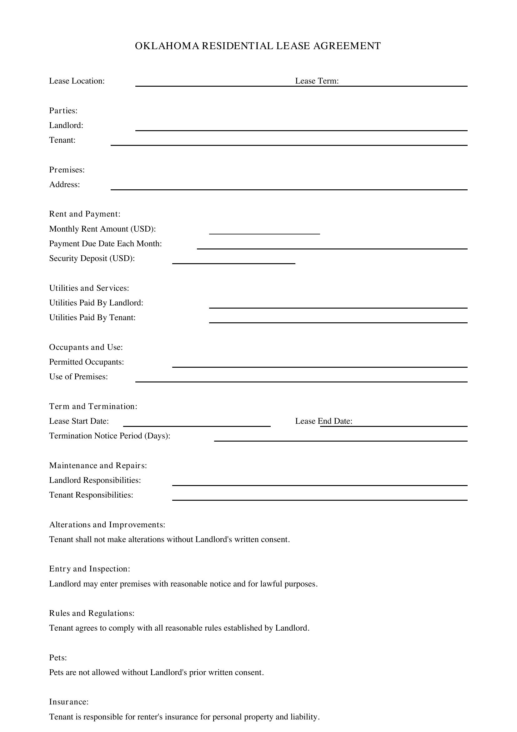 Oklahoma Lease Agreement Template - US