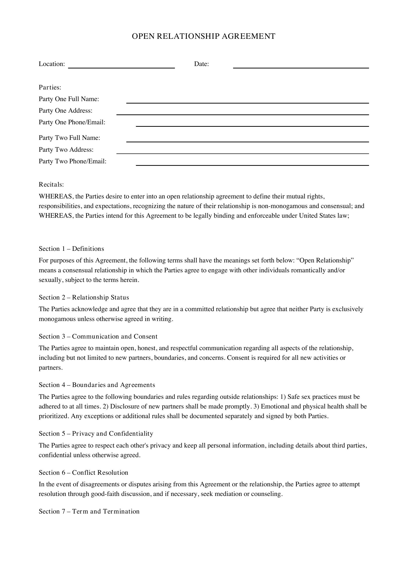 Open Relationship Agreement Template - US