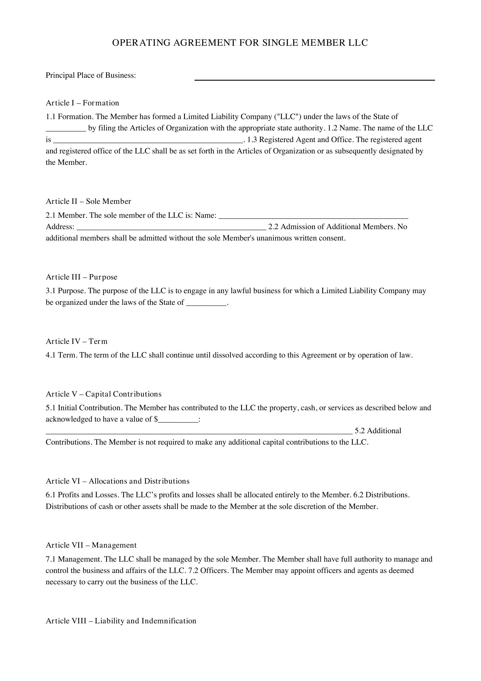 Operating Agreement For Single Member Llc Template - US