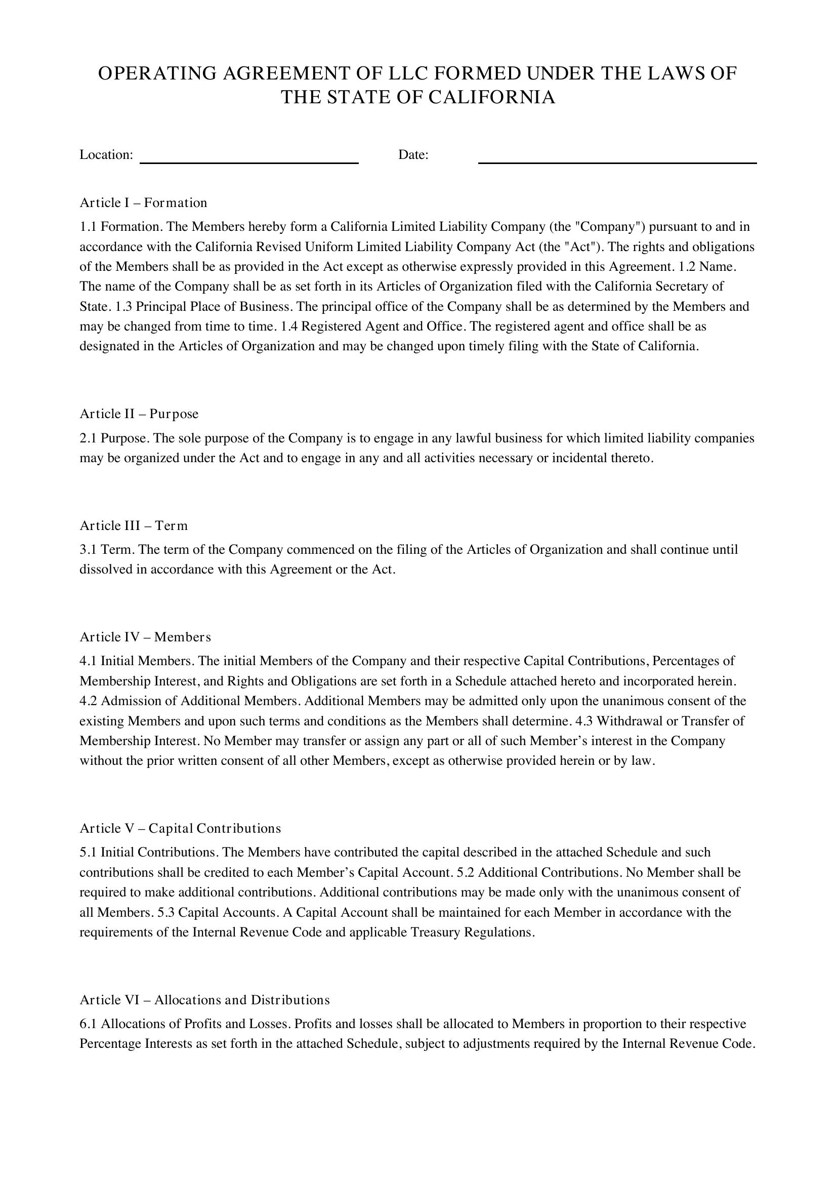 Operating Agreement Llc California Template - US