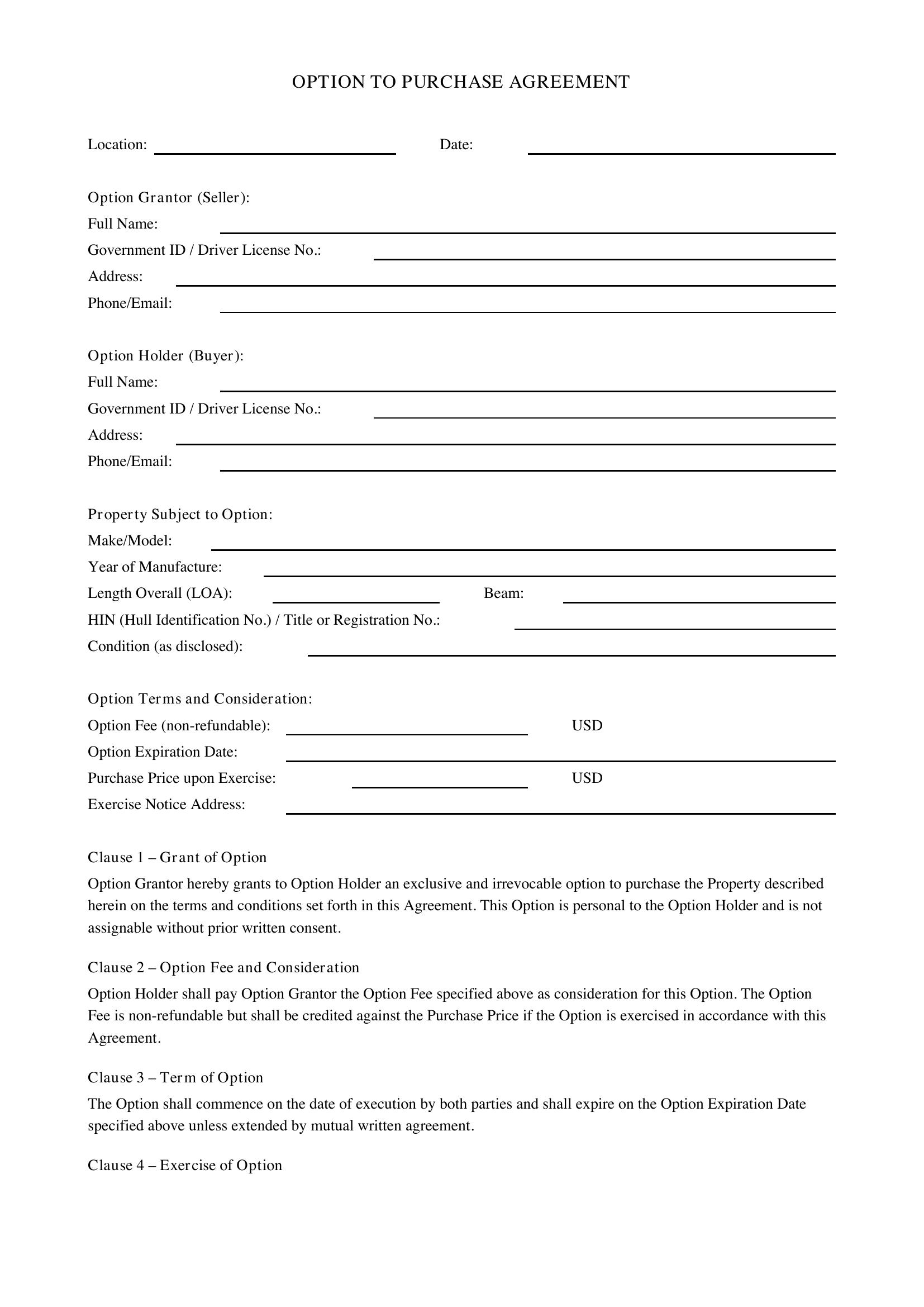 Option To Purchase Agreement Template - US