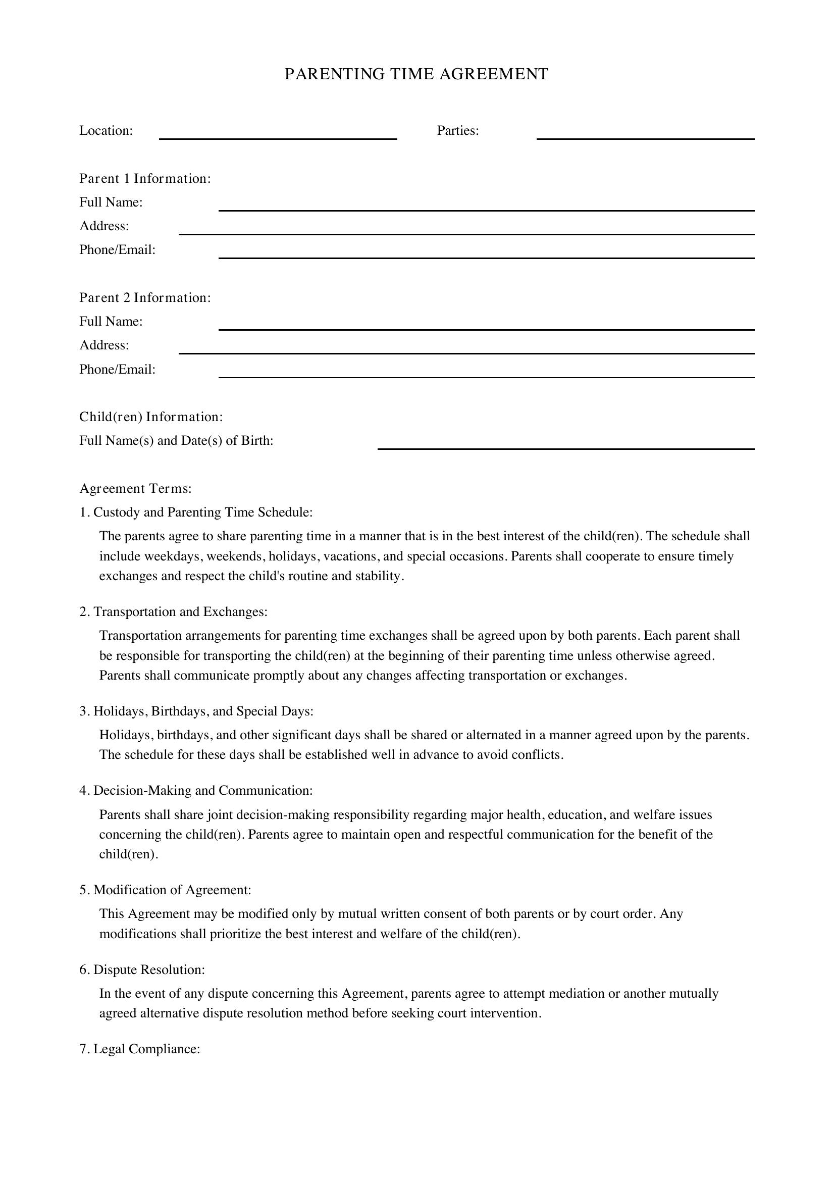 Parenting Time Agreement Template - US