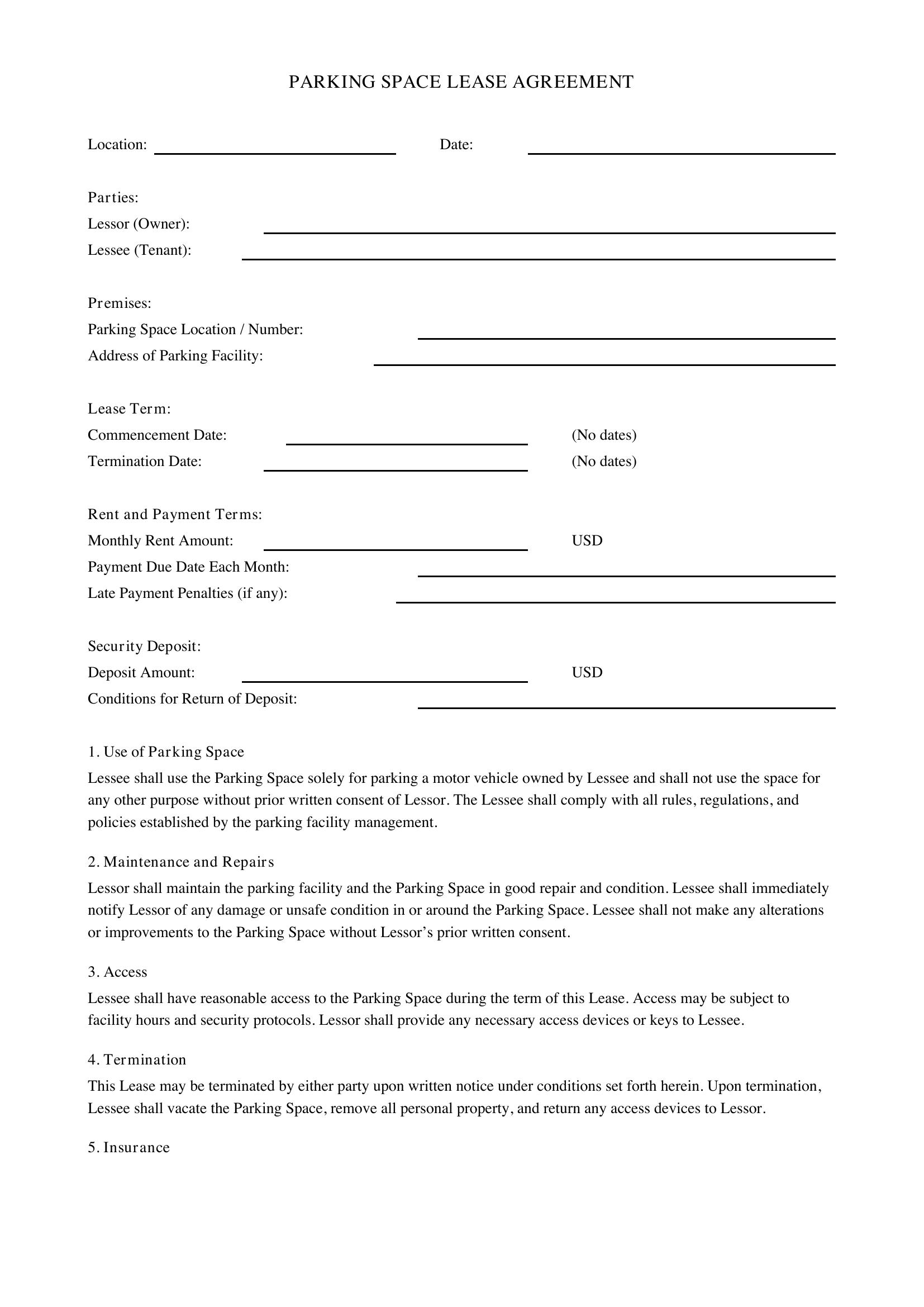 Parking Space Lease Agreement Template - US