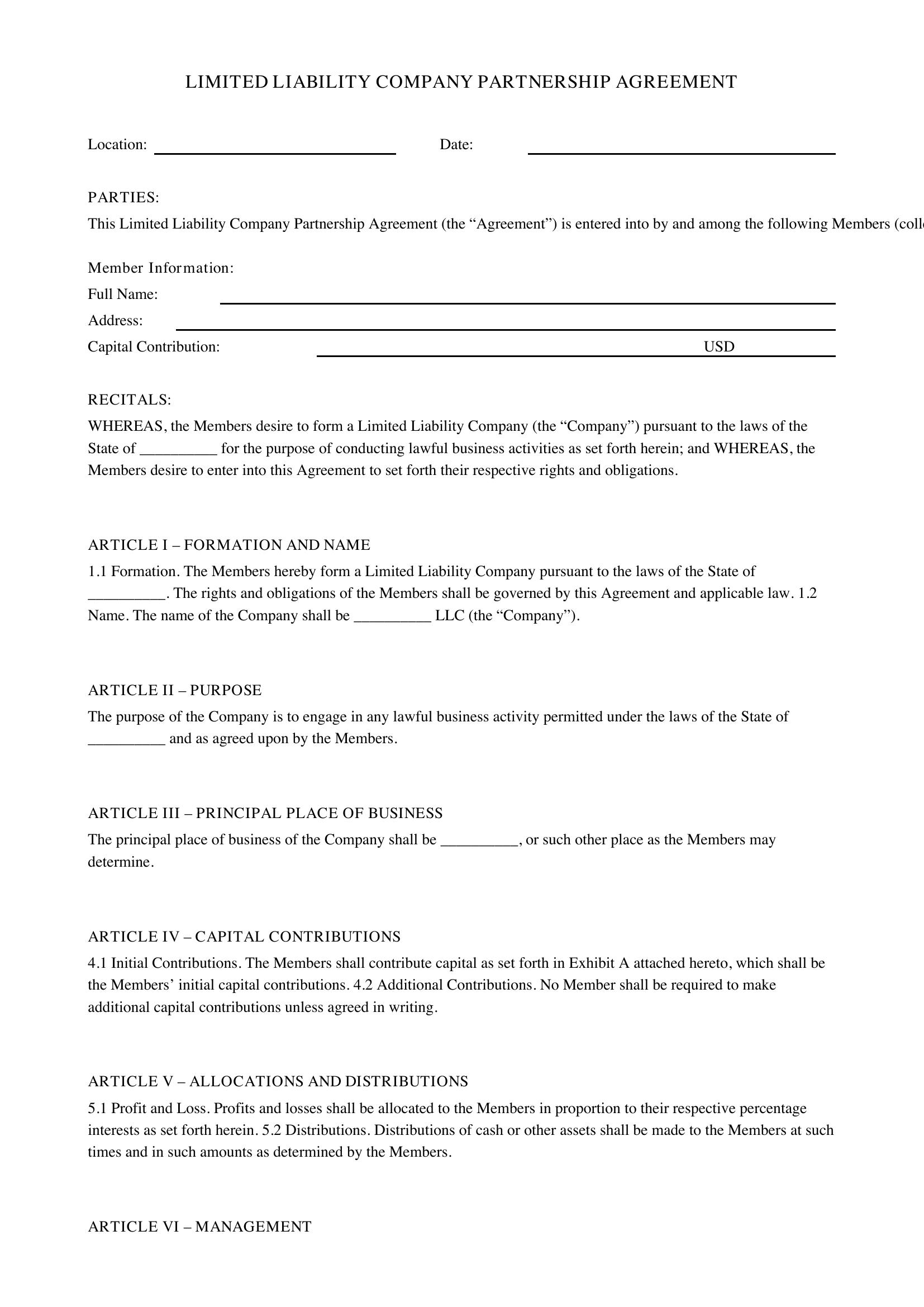 Partnership Agreement For Llc Template - US