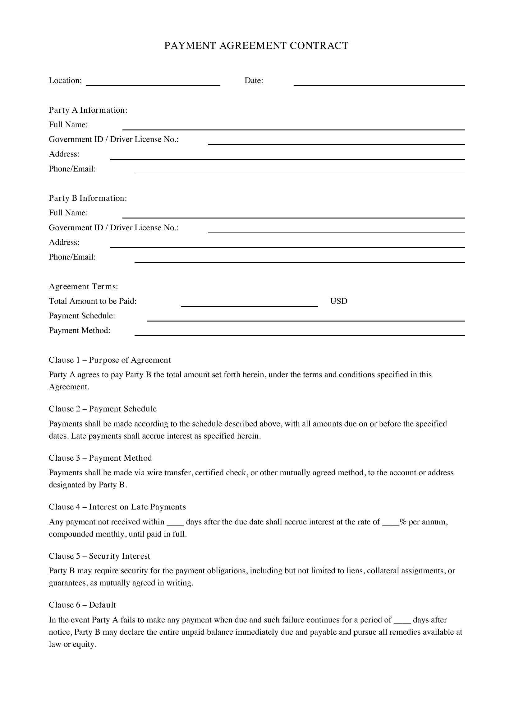 Payment Agreement Contract Template - US