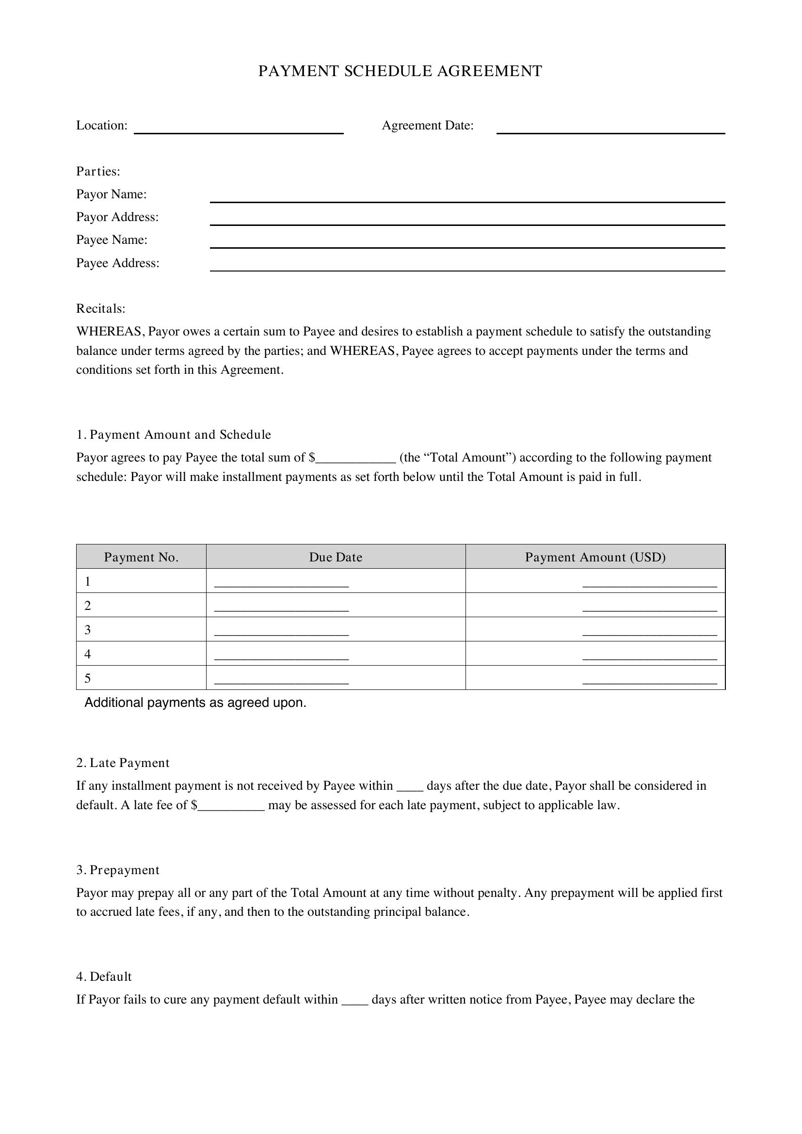 Payment Schedule Agreement Template - US