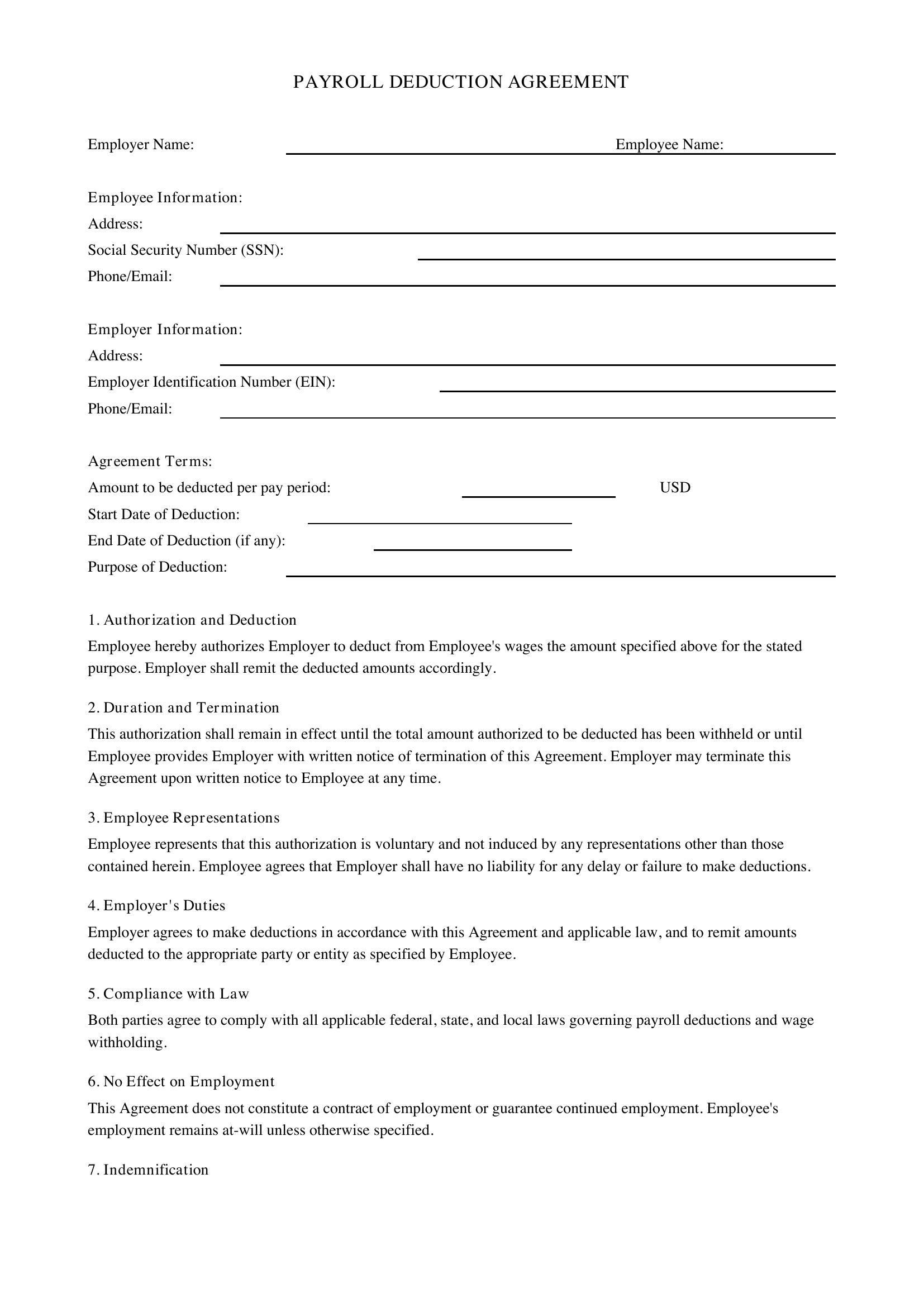 Payroll Deduction Agreement Template - US
