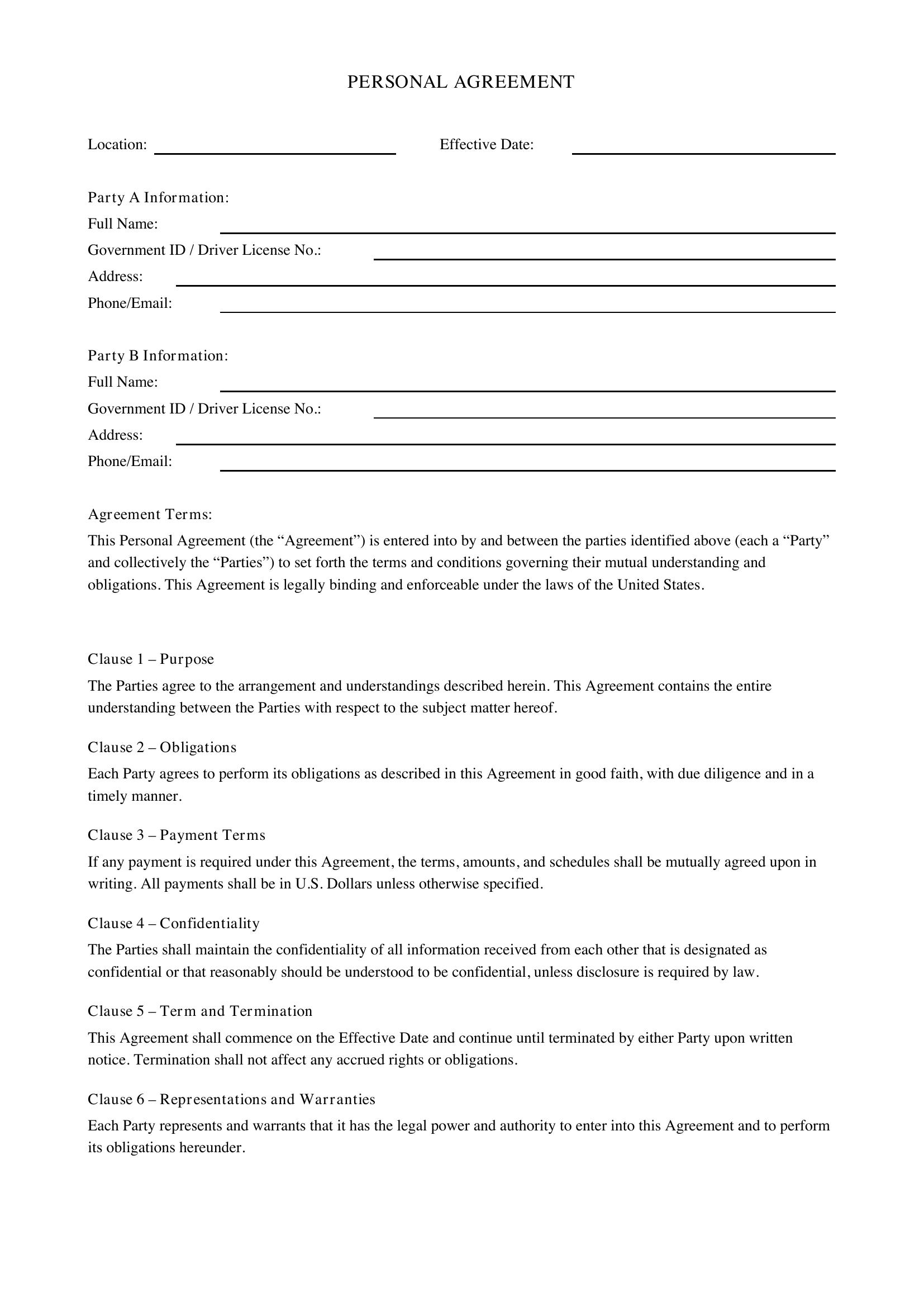 Personal Agreement Template - US