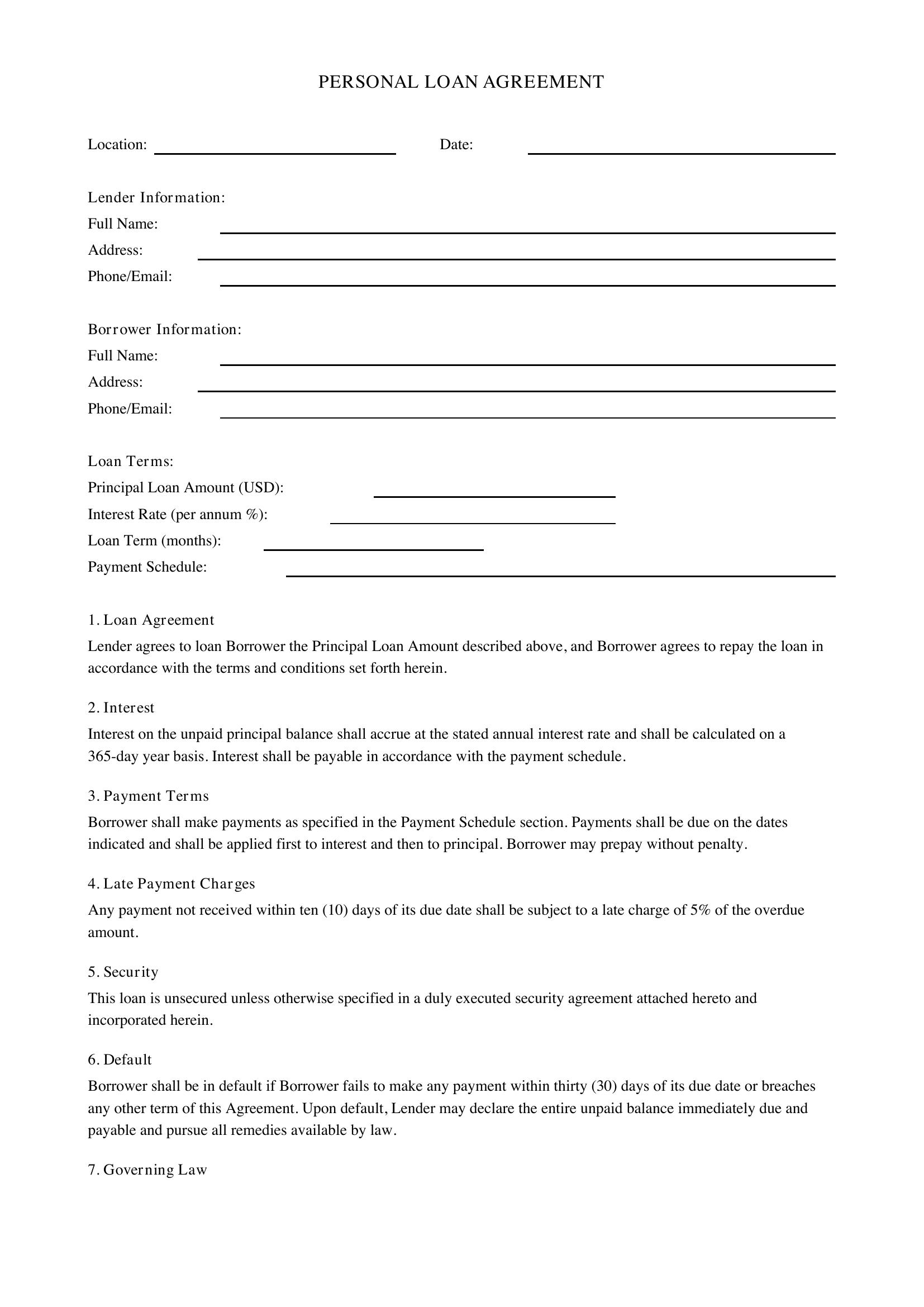 Personal Loan Agreement Template - US