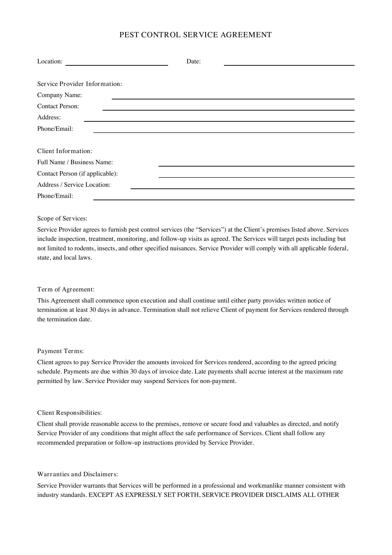 Pest Control Agreement Template - US