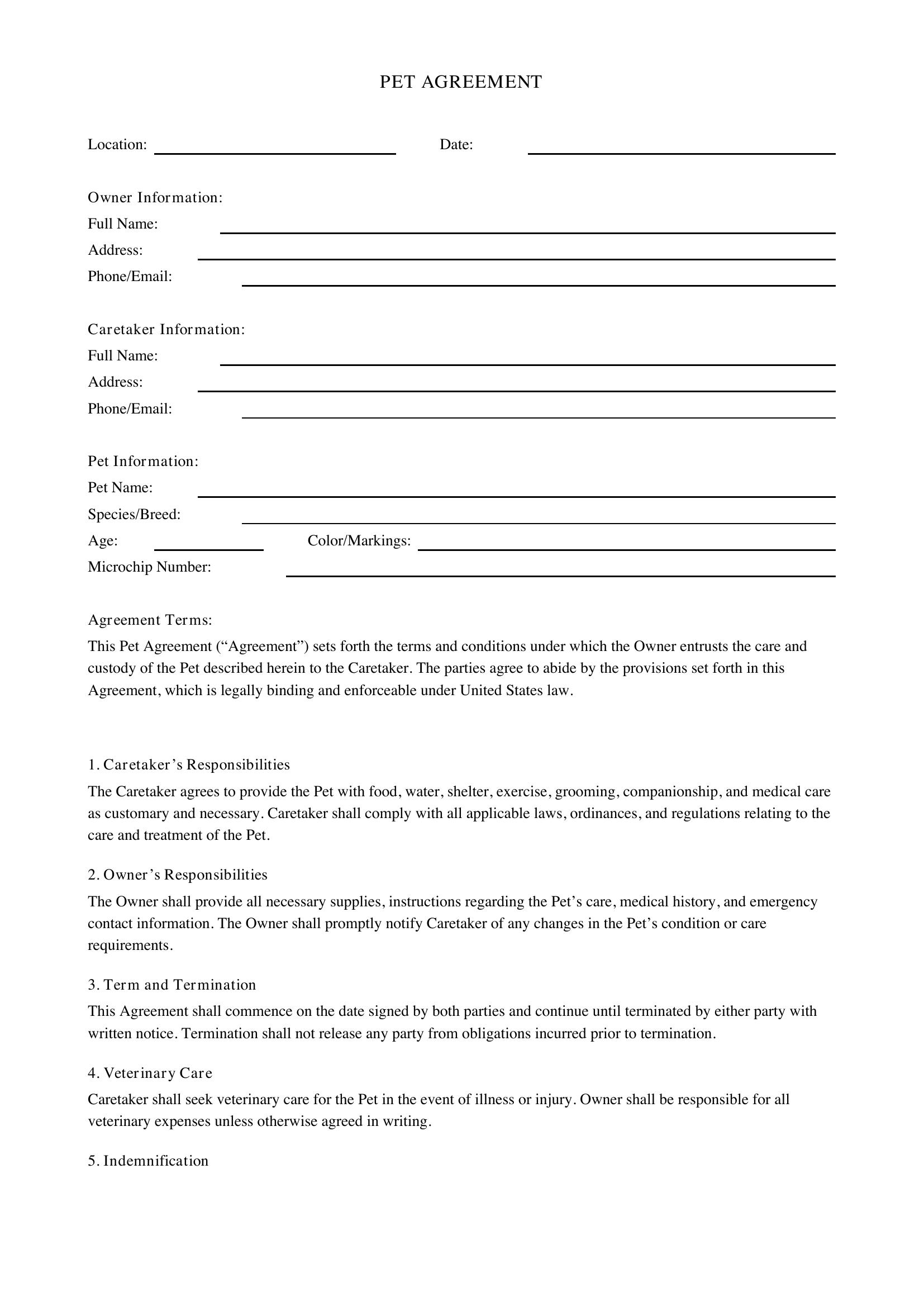 Pet Agreement Template - US