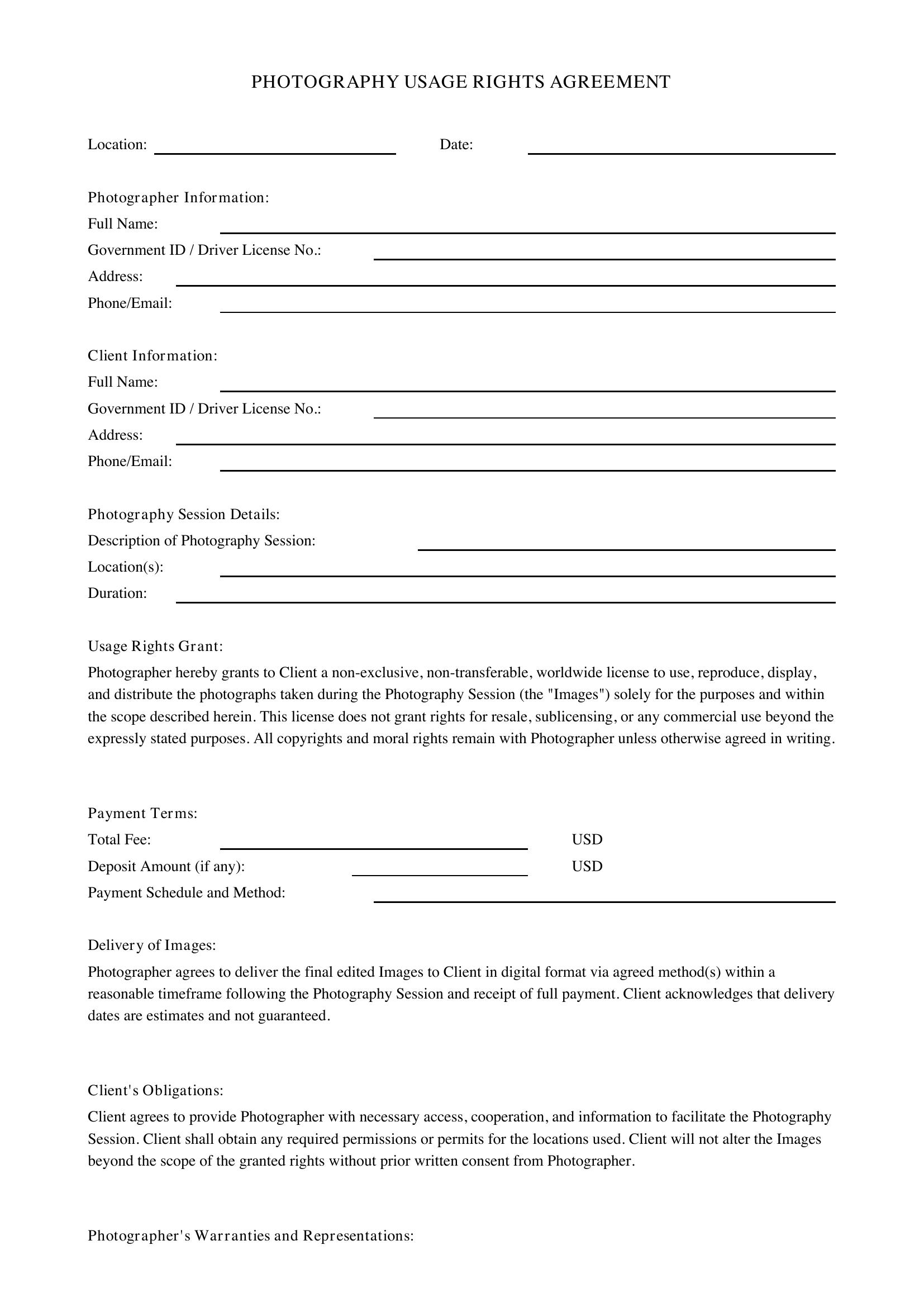 Photography Usage Rights Agreement Template - US