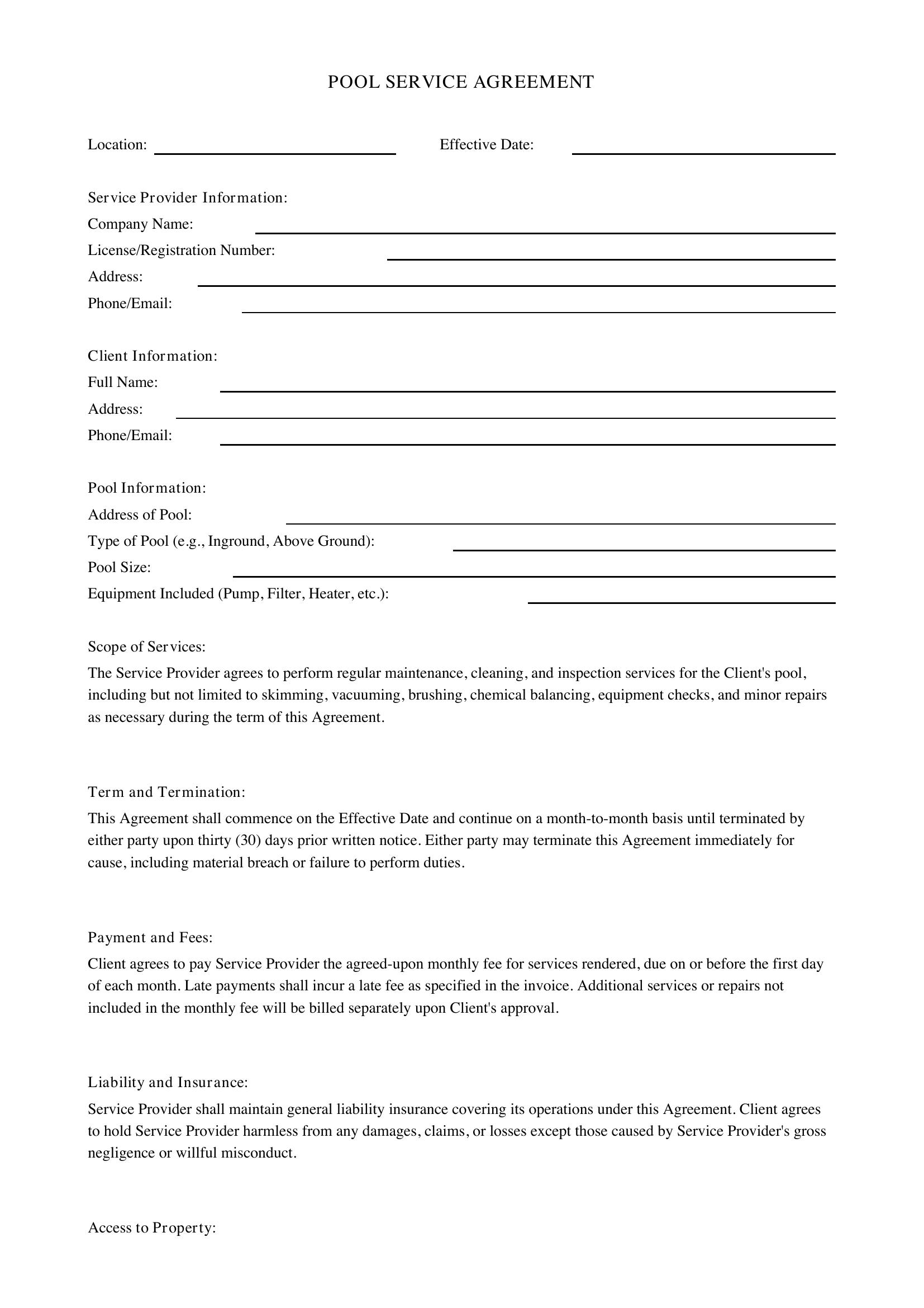 Pool Service Agreement Template - US
