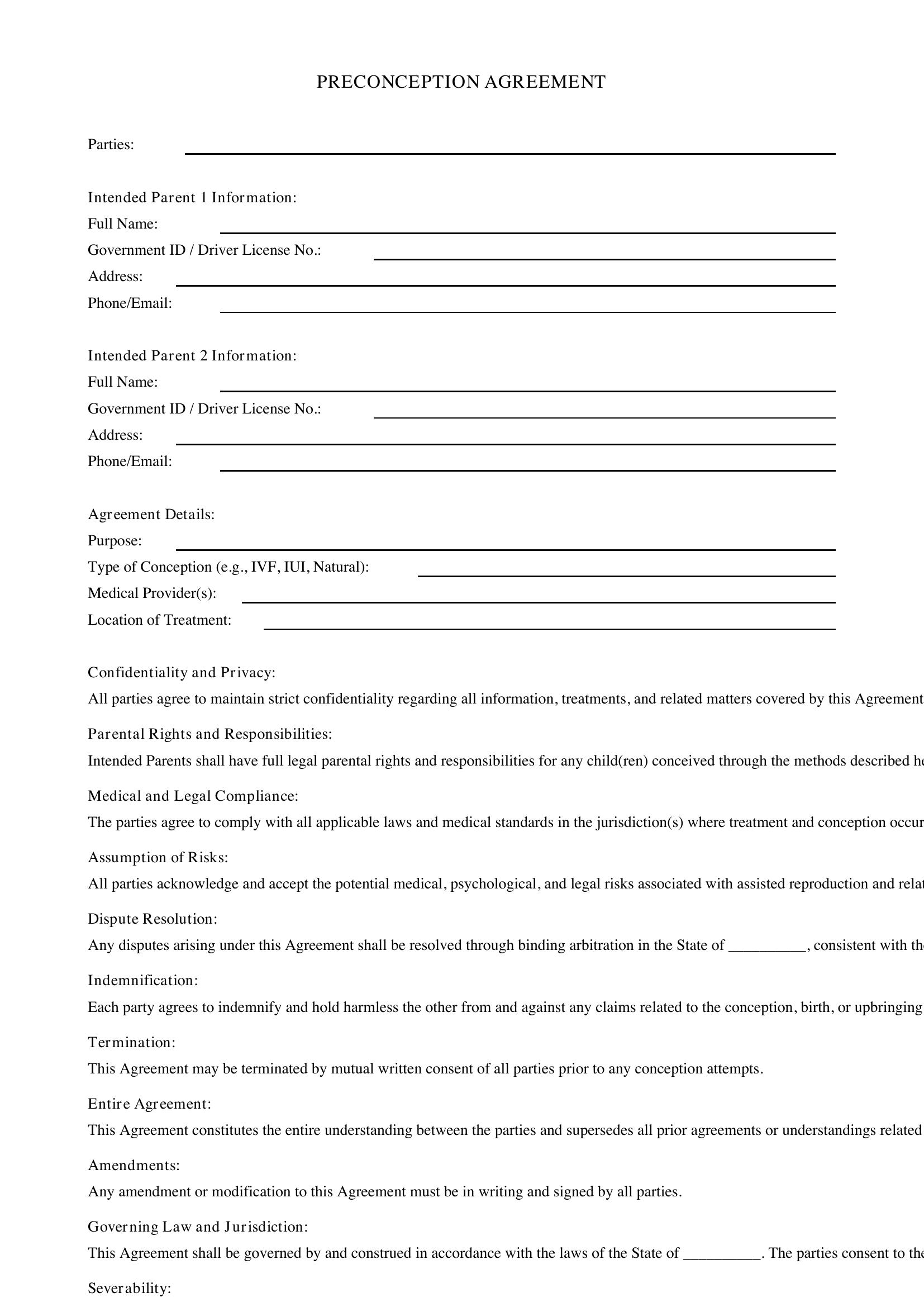 Preconception Agreement Template - US