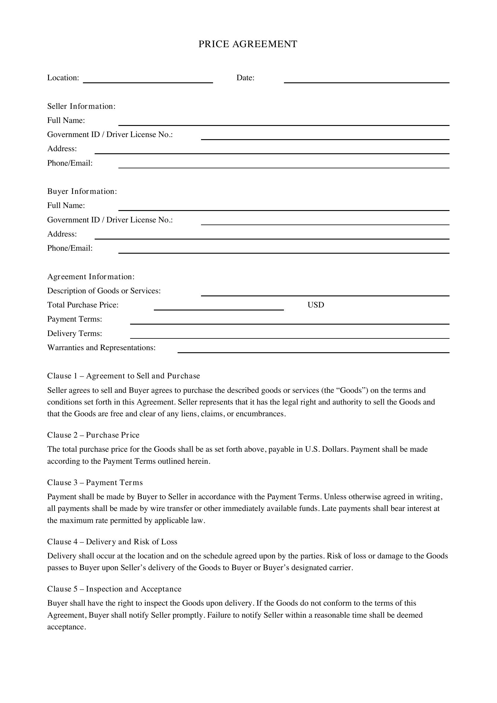 Price Agreement Template - US