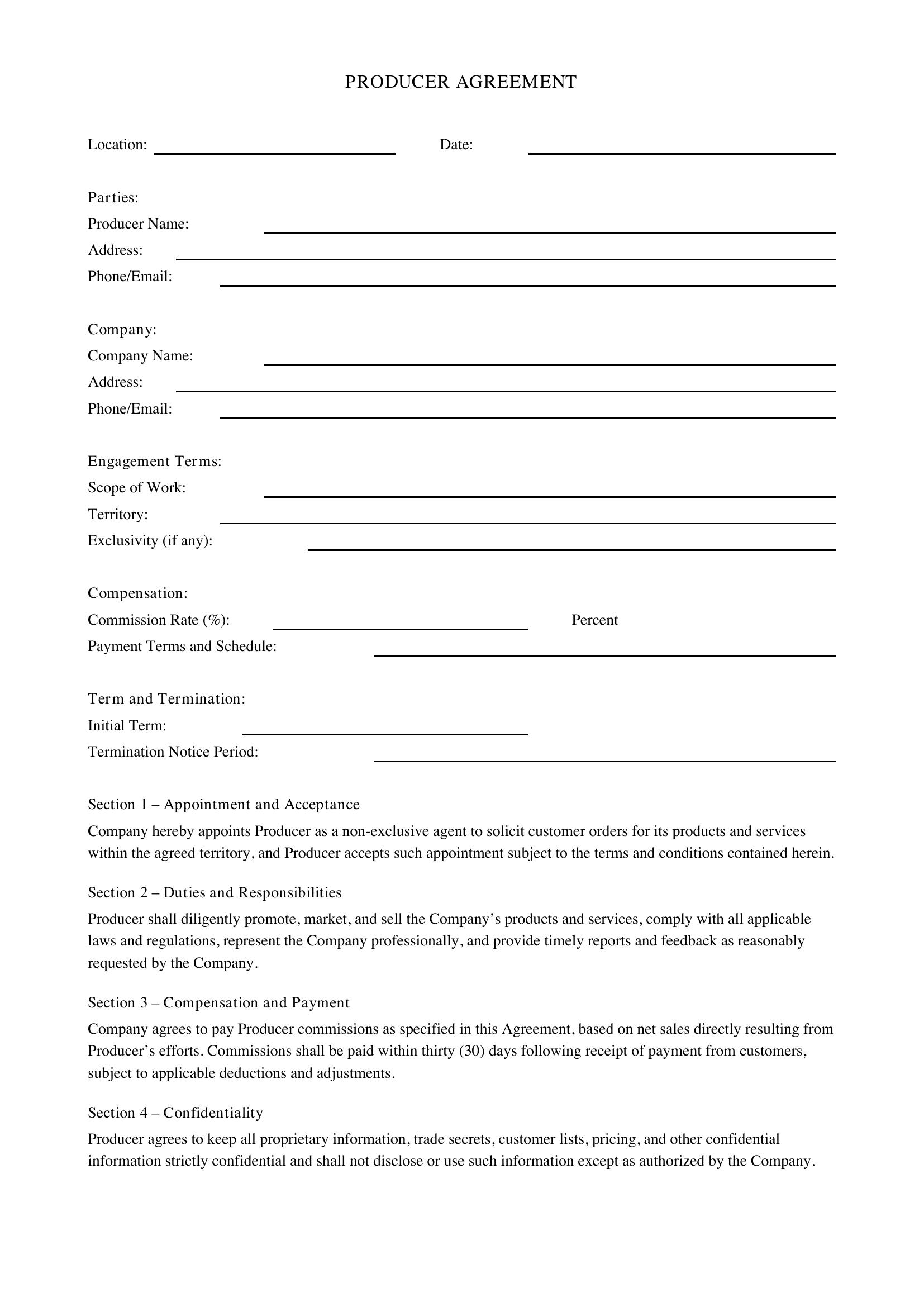 Producer Agreement Template - US