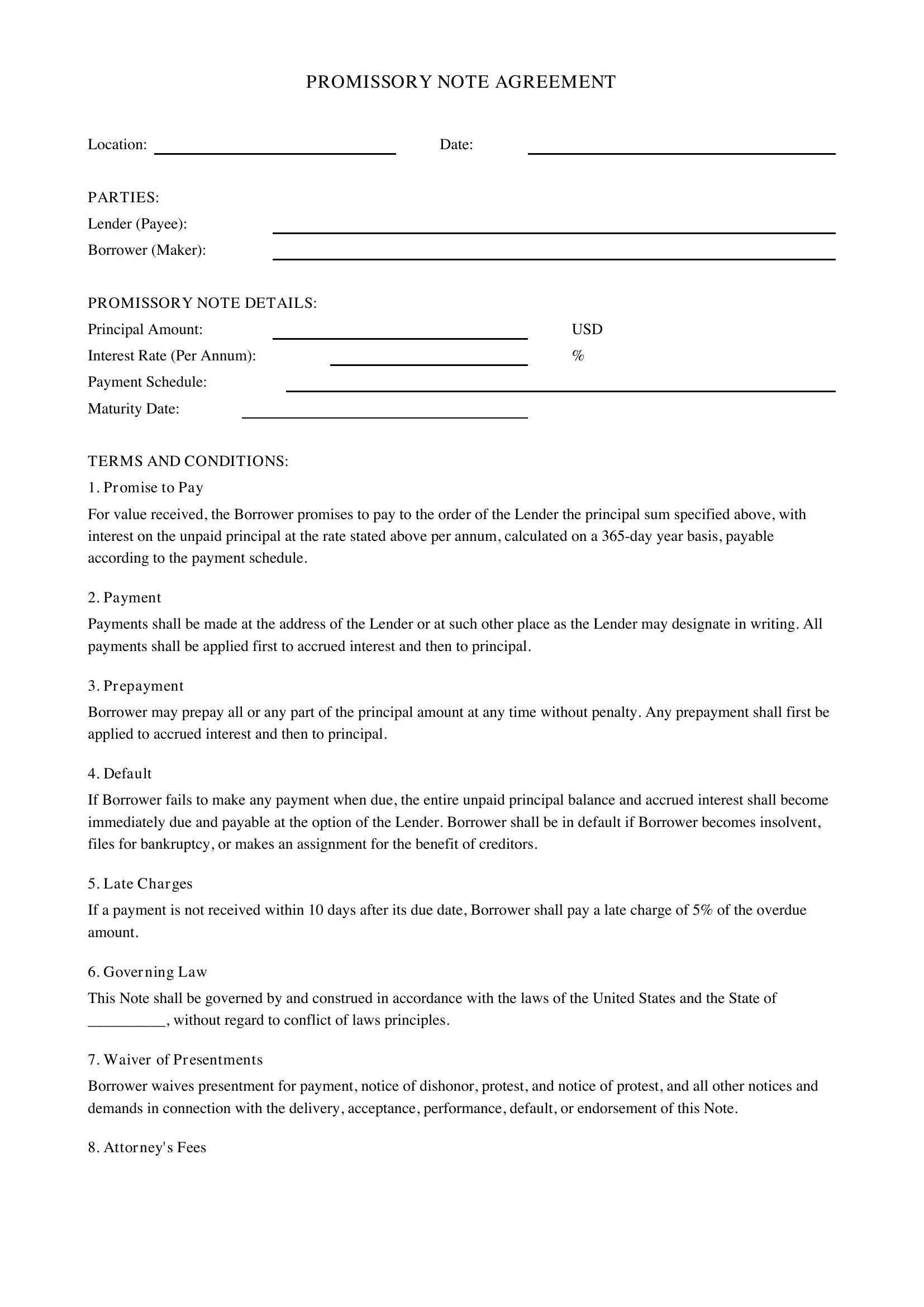 Promissory Agreement Template - US