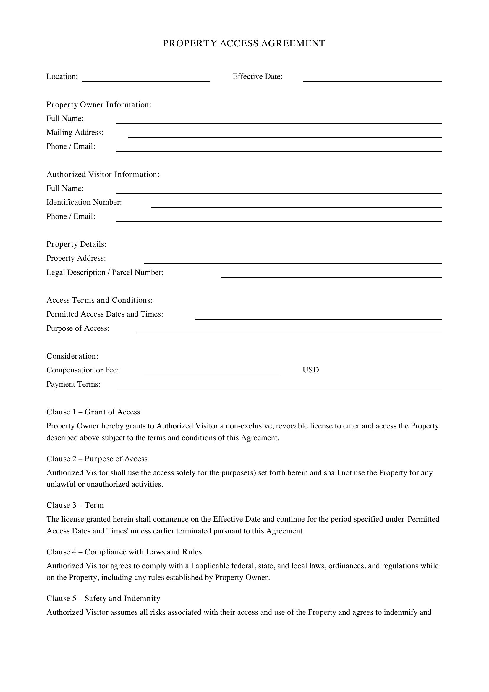 Property Access Agreement Template - US