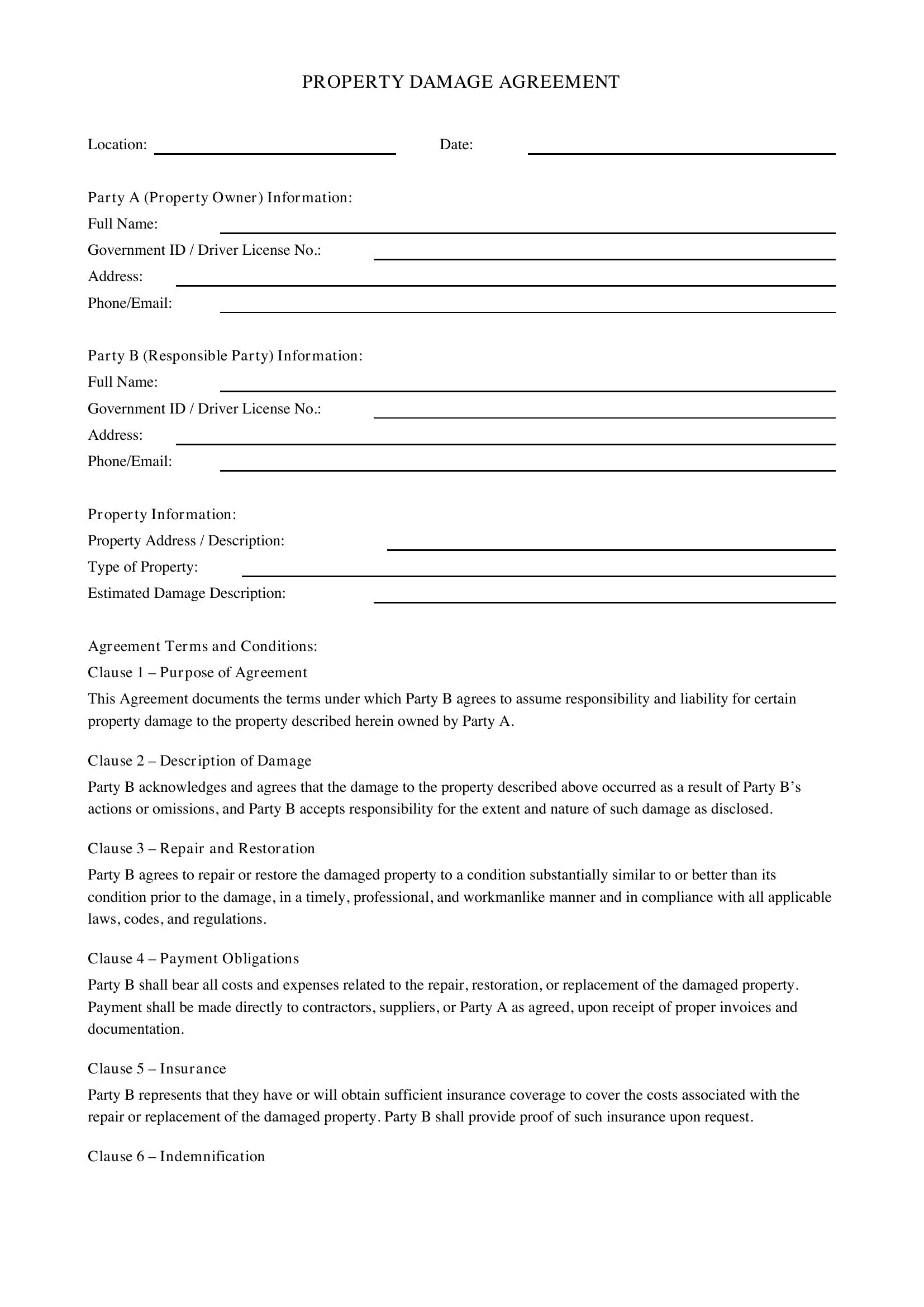 Property Damage Agreement Template - US