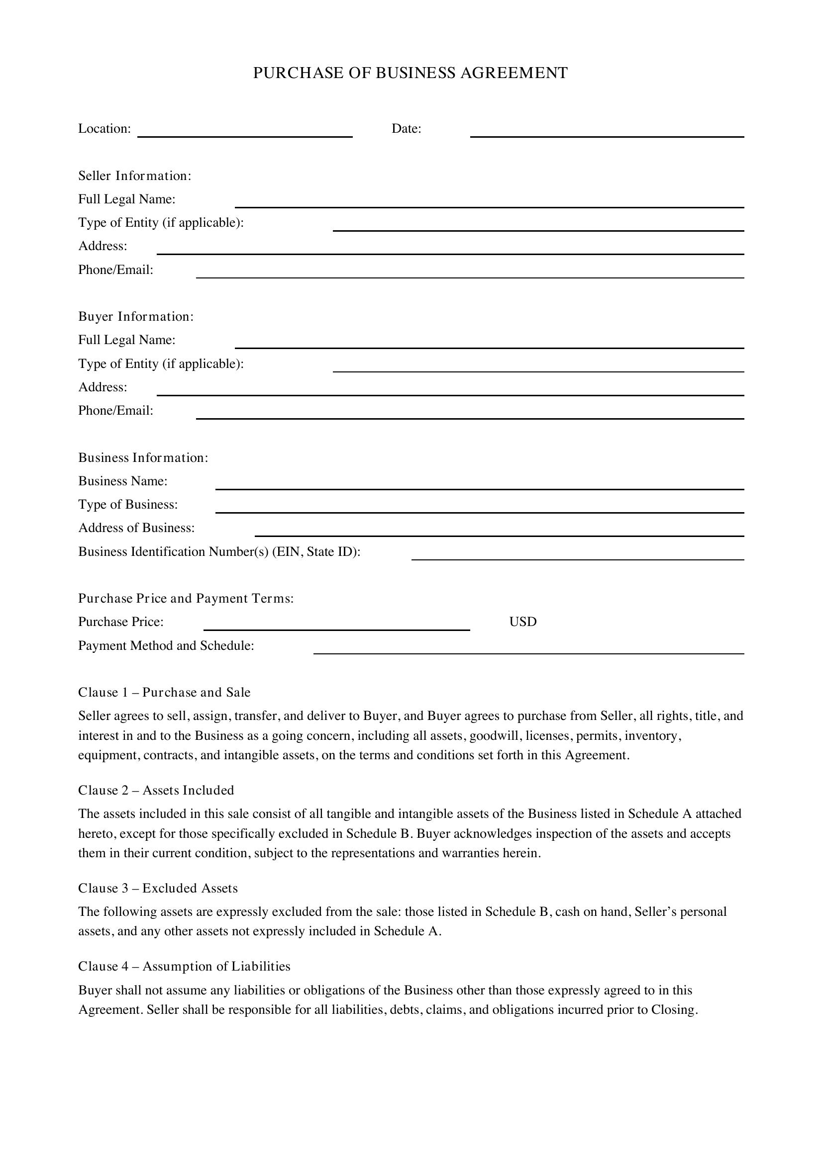 Purchase Of Business Agreement Template - US