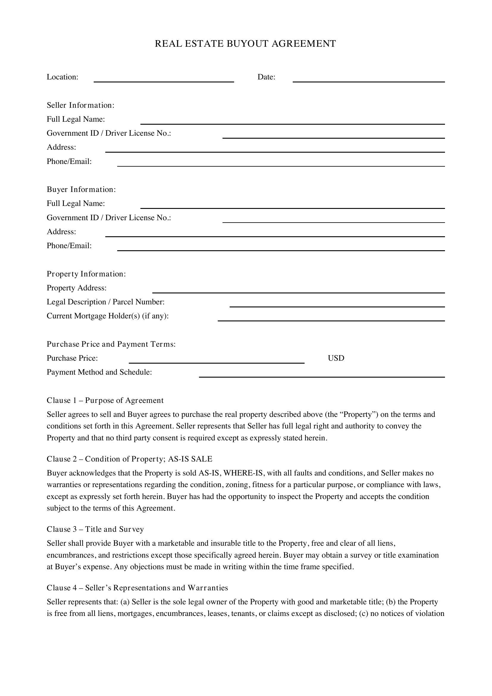 Real Estate Buyout Agreement Template - US