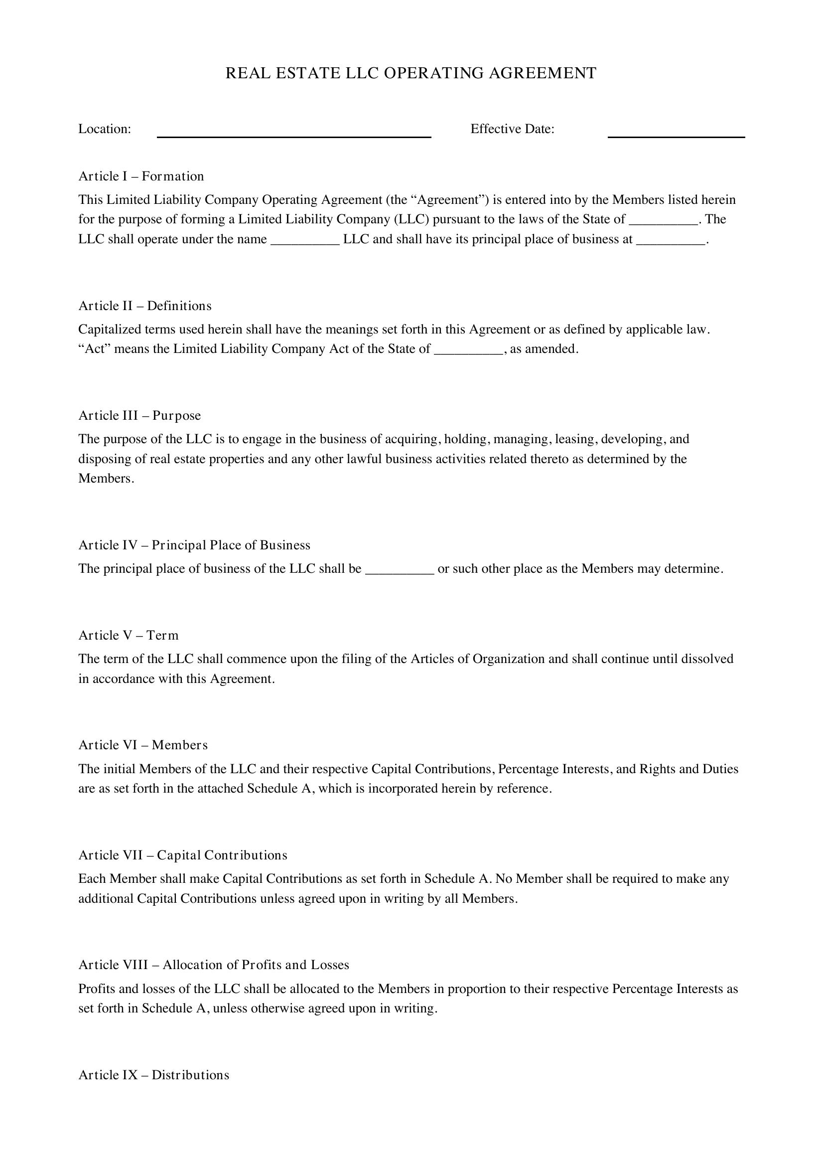 Real Estate Llc Operating Agreement Template - US