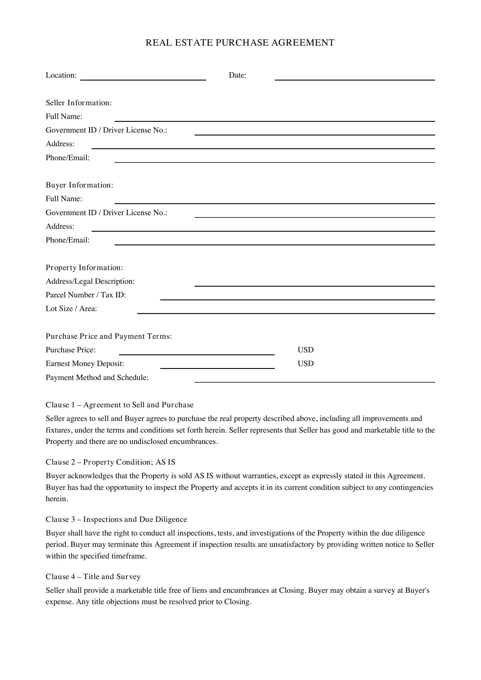 Real Estate Purchase Agreement Template - US