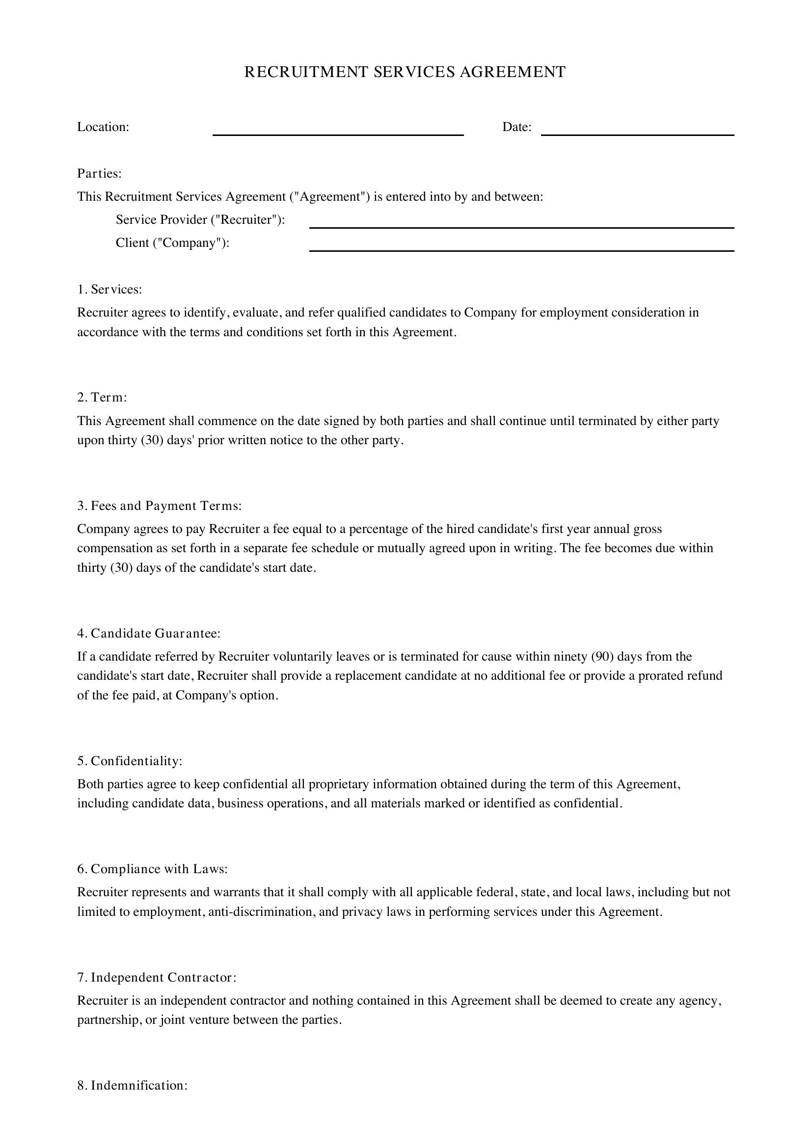 Recruitment Services Agreement Template - US