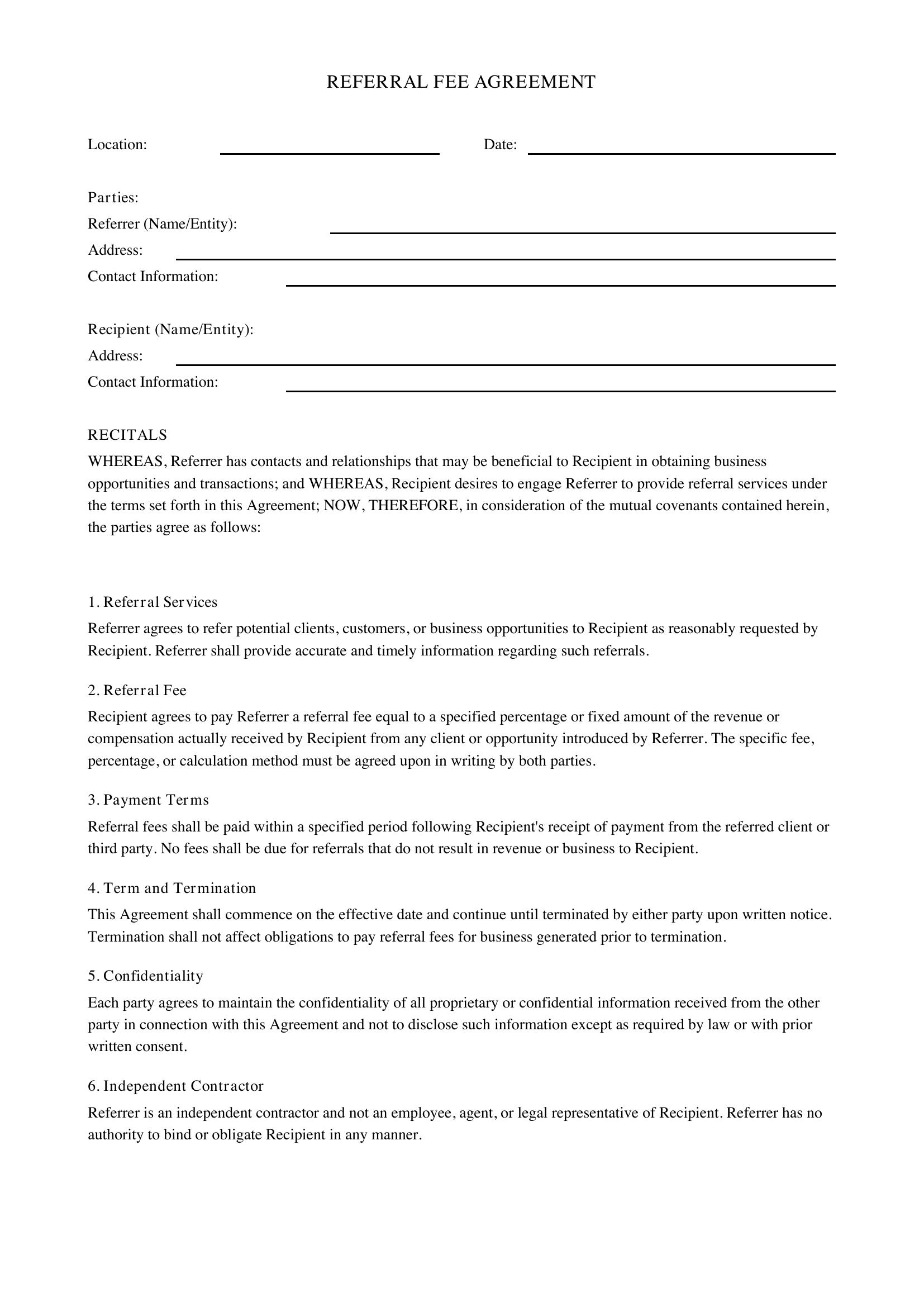 Referral Fee Agreement Template - US