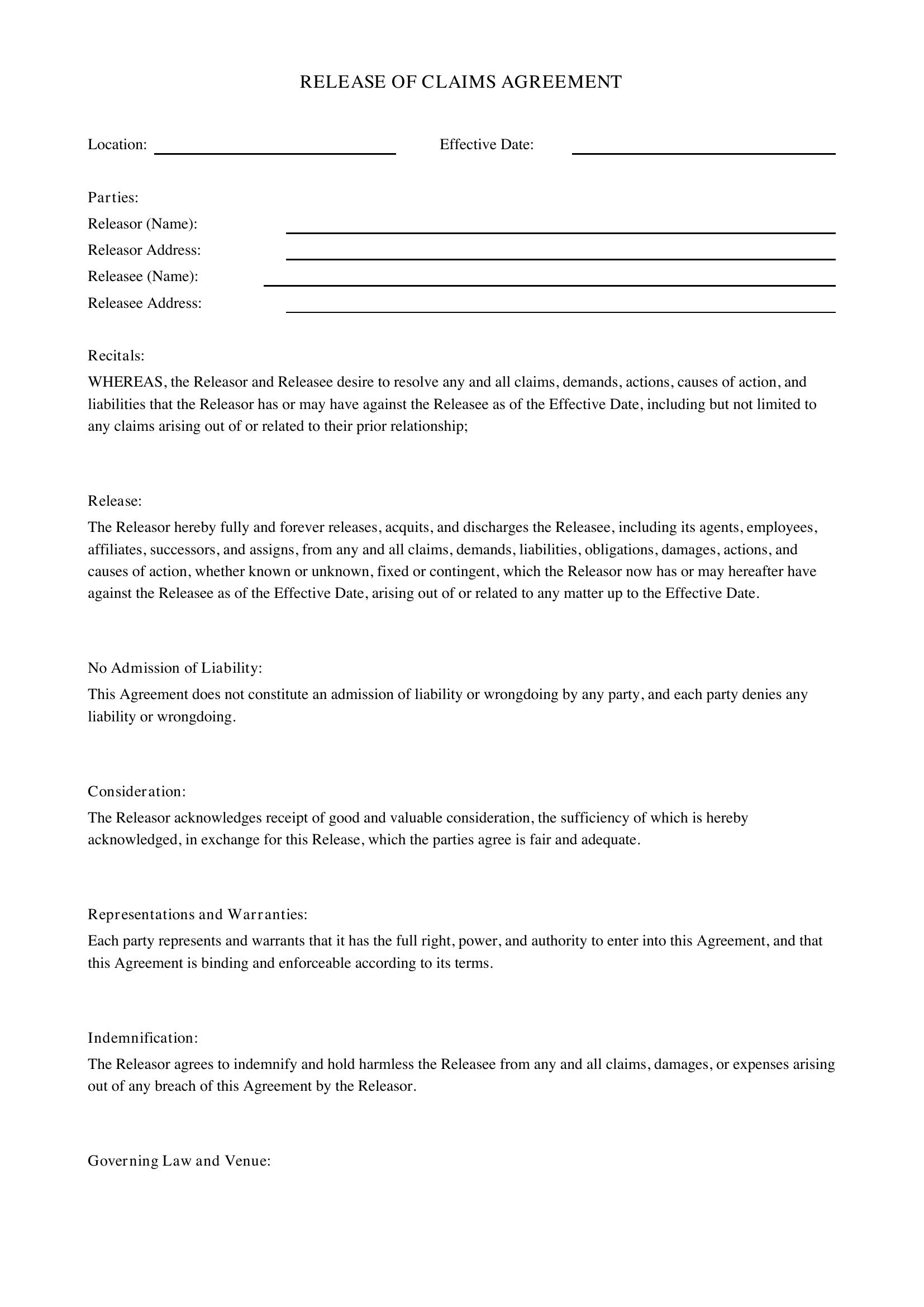 Release Of Claims Agreement Template - US