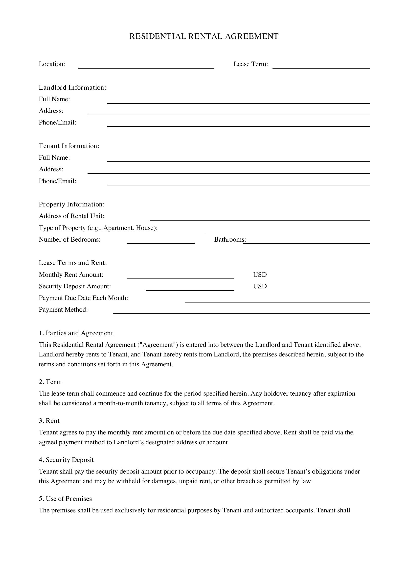 Rental Agreement Form Template - US